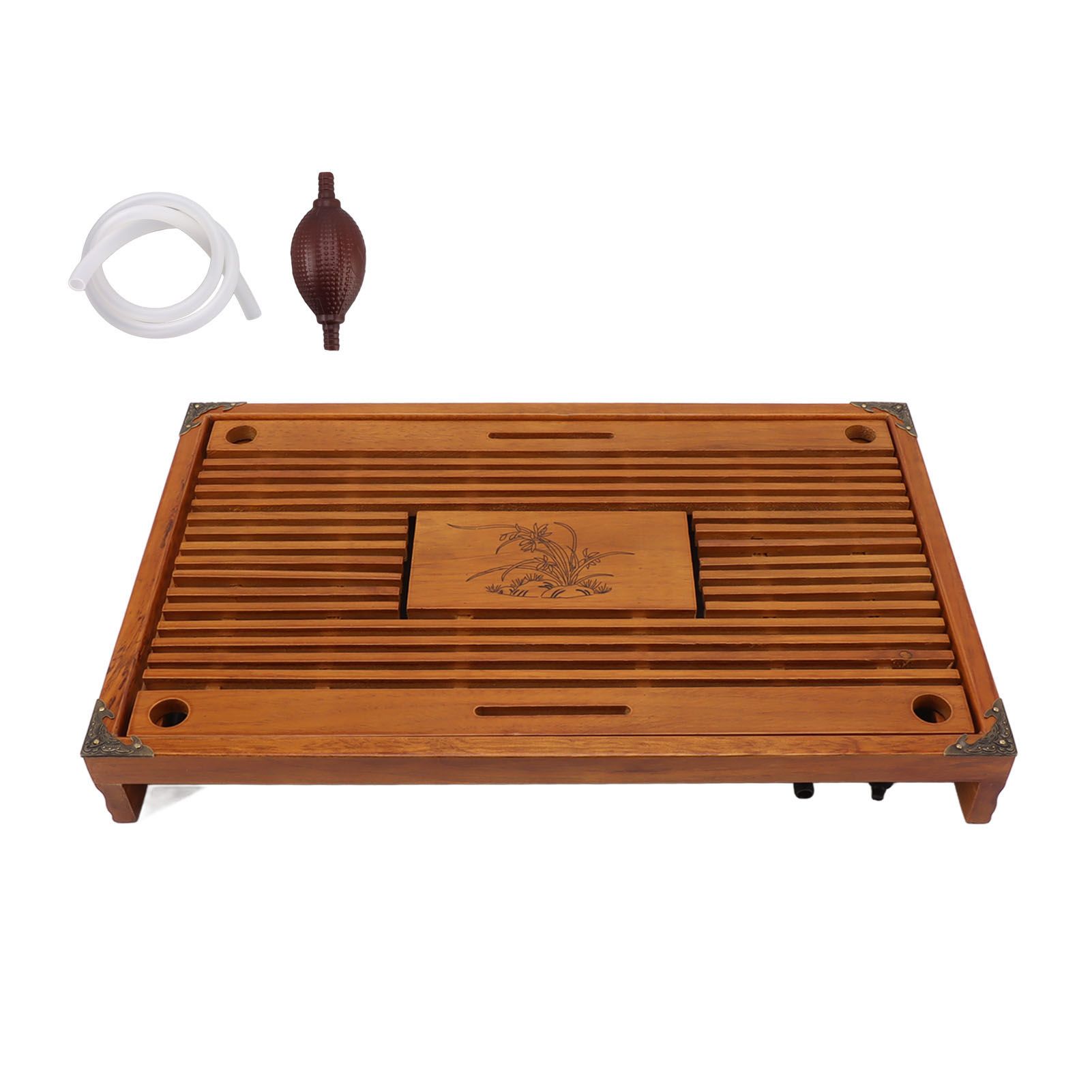 Chinese Style Kongfu Tea Tray Wooden Teaboard Drainage Water Storage Serving Tray Orchid Pattern Yellow - Image 1