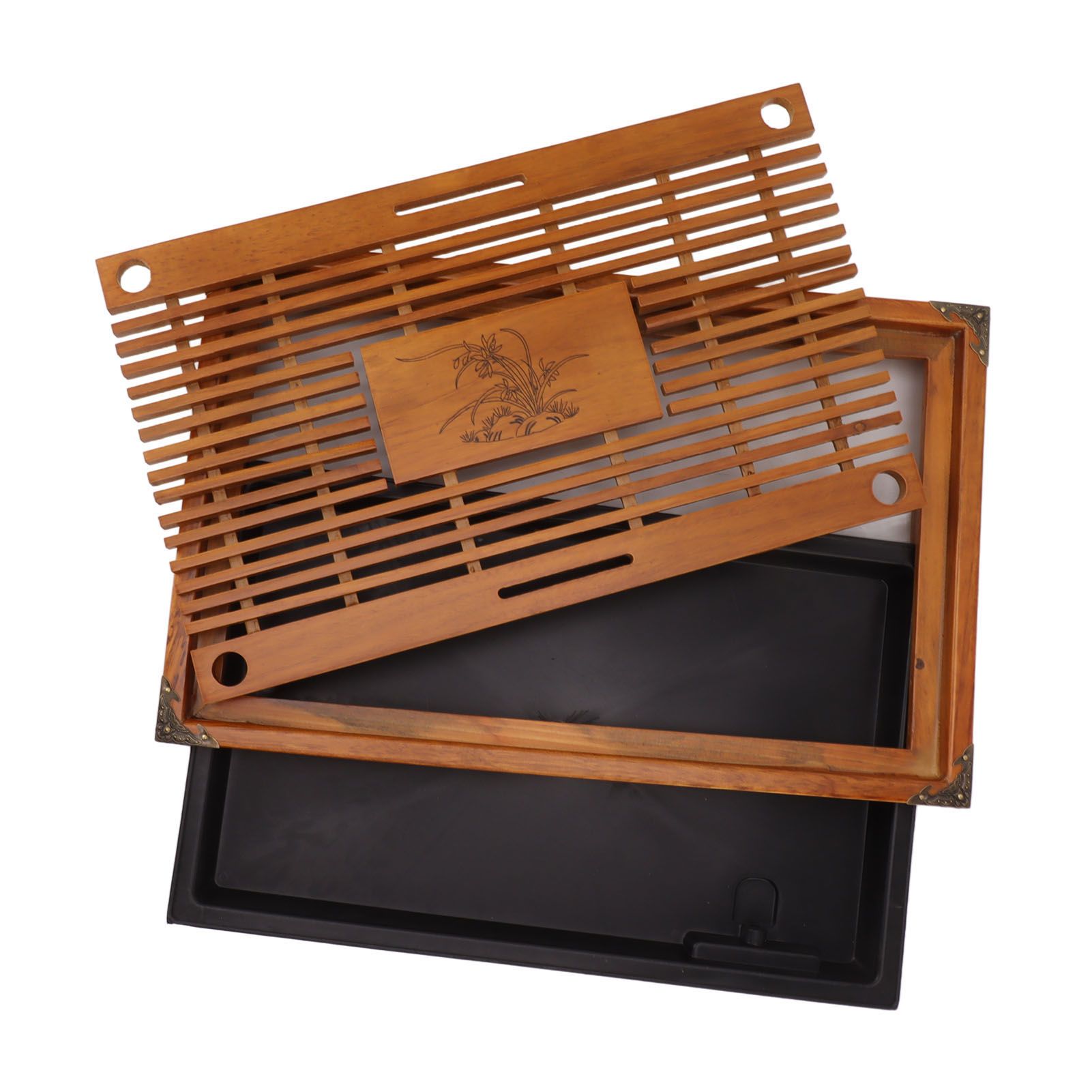 Chinese Style Kongfu Tea Tray Wooden Teaboard Drainage Water Storage Serving Tray Orchid Pattern Yellow - Image 2