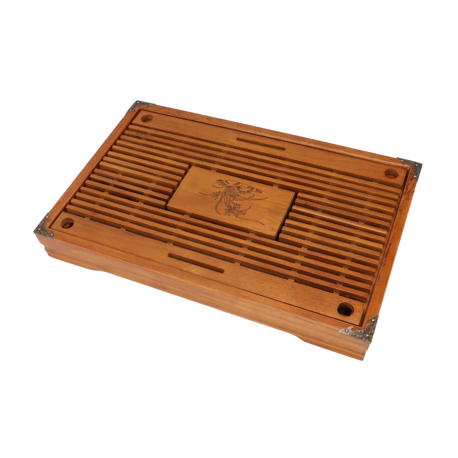Chinese Style Kongfu Tea Tray Wooden Teaboard Drainage Water Storage Serving Tray Orchid Pattern Yellow - Image 3