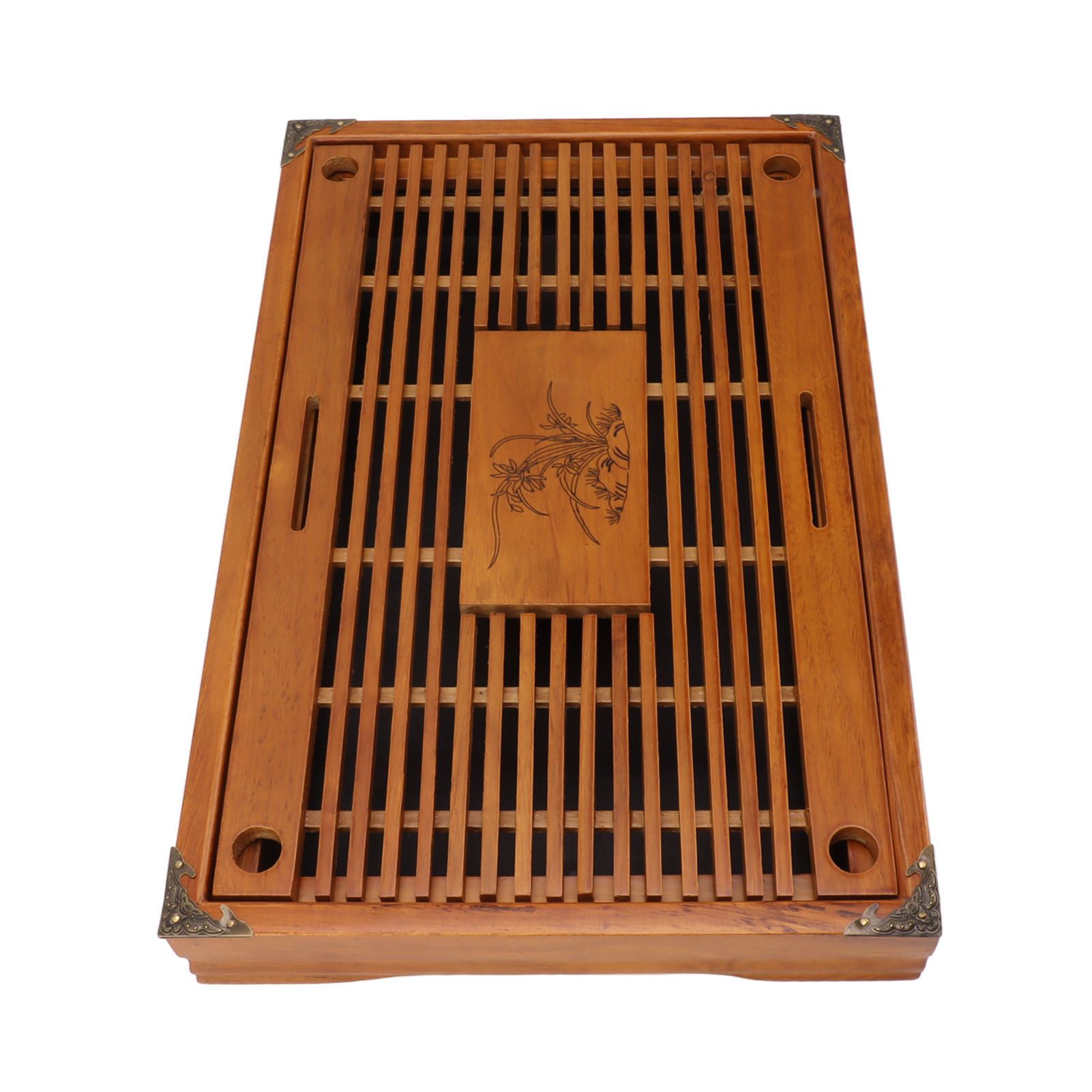 Chinese Style Kongfu Tea Tray Wooden Teaboard Drainage Water Storage Serving Tray Orchid Pattern Yellow - Image 4