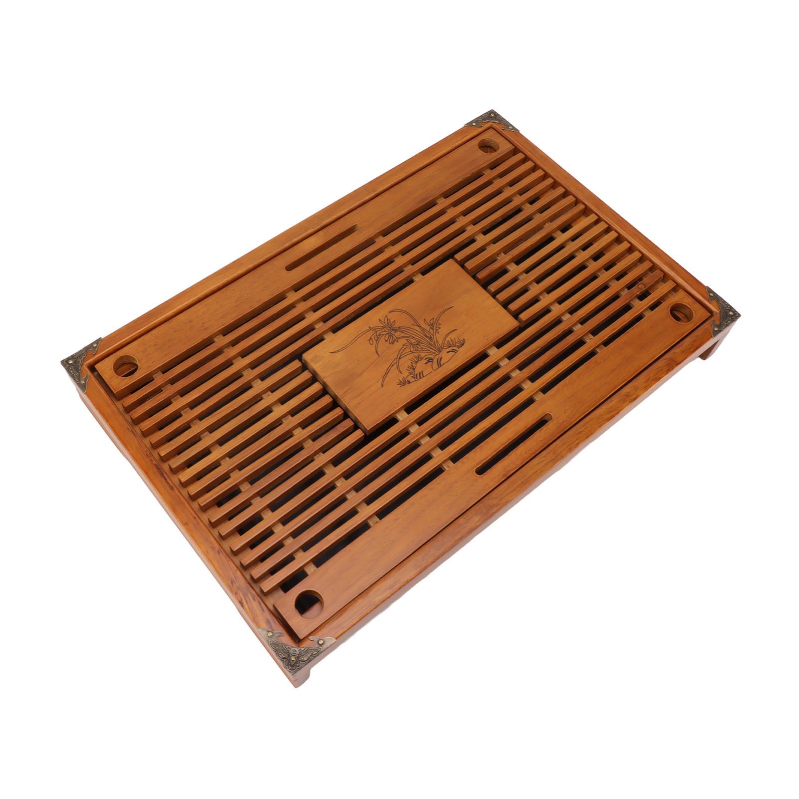 Chinese Style Kongfu Tea Tray Wooden Teaboard Drainage Water Storage Serving Tray Orchid Pattern Yellow - Image 5