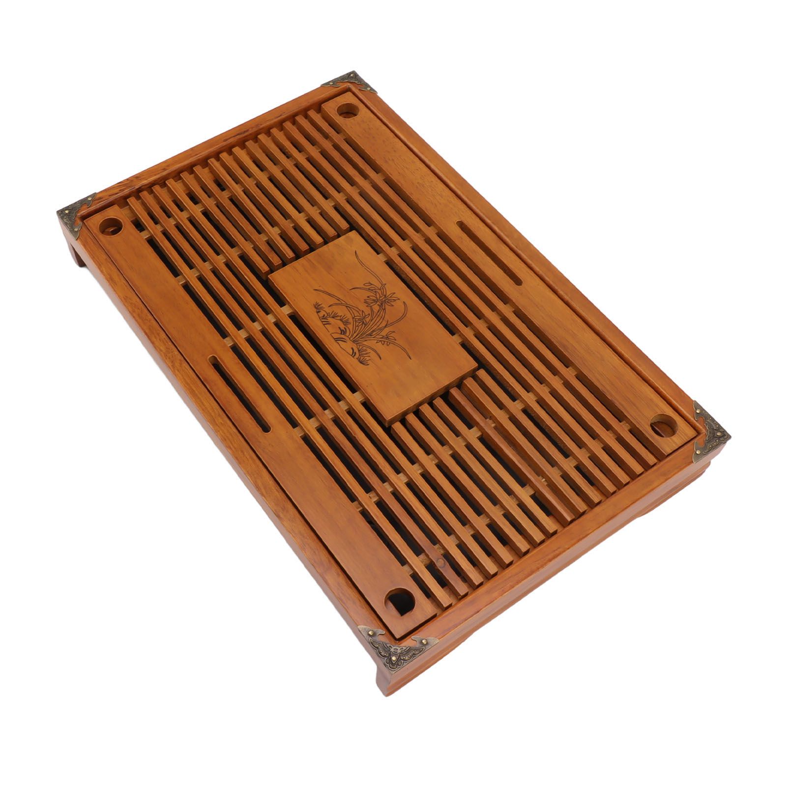 Chinese Style Kongfu Tea Tray Wooden Teaboard Drainage Water Storage Serving Tray Orchid Pattern Yellow - Image 6