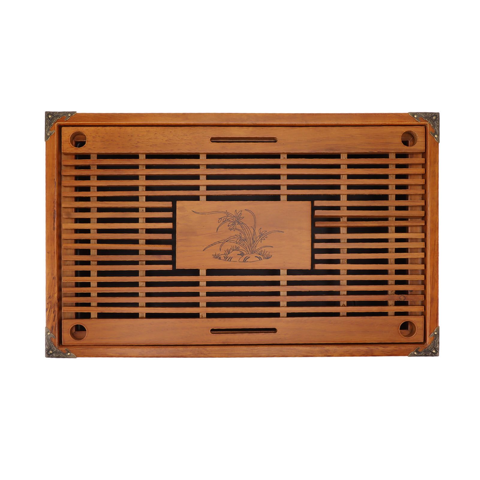 Chinese Style Kongfu Tea Tray Wooden Teaboard Drainage Water Storage Serving Tray Orchid Pattern Yellow - Image 8