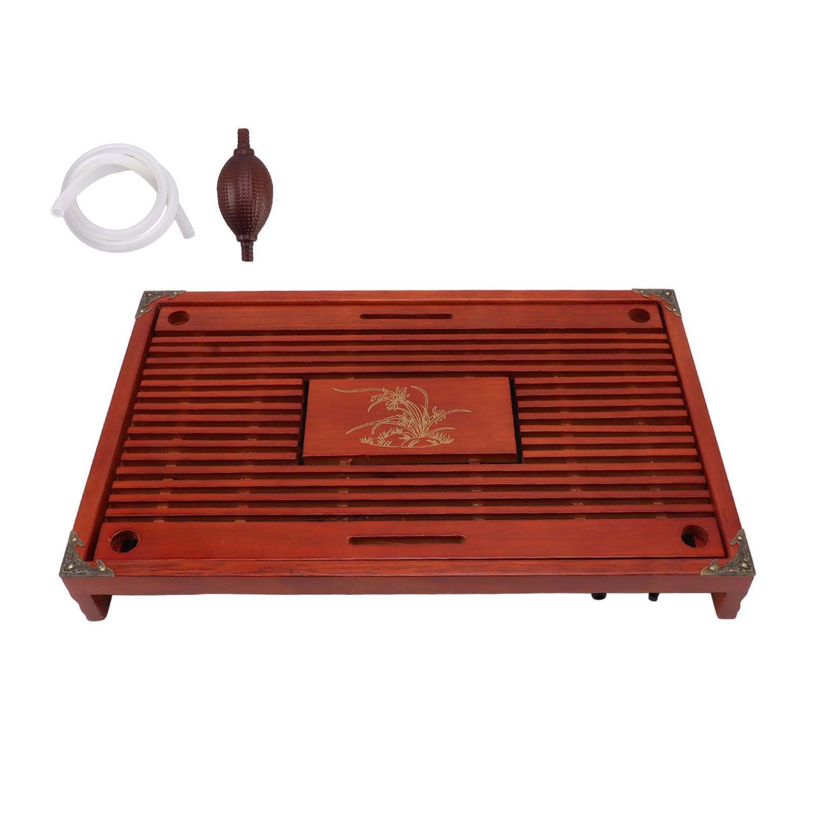 Chinese Style Kongfu Tea Tray Wooden Teaboard Drainage Water Storage Serving Tray Orchid Pattern Dark Red - Image 1