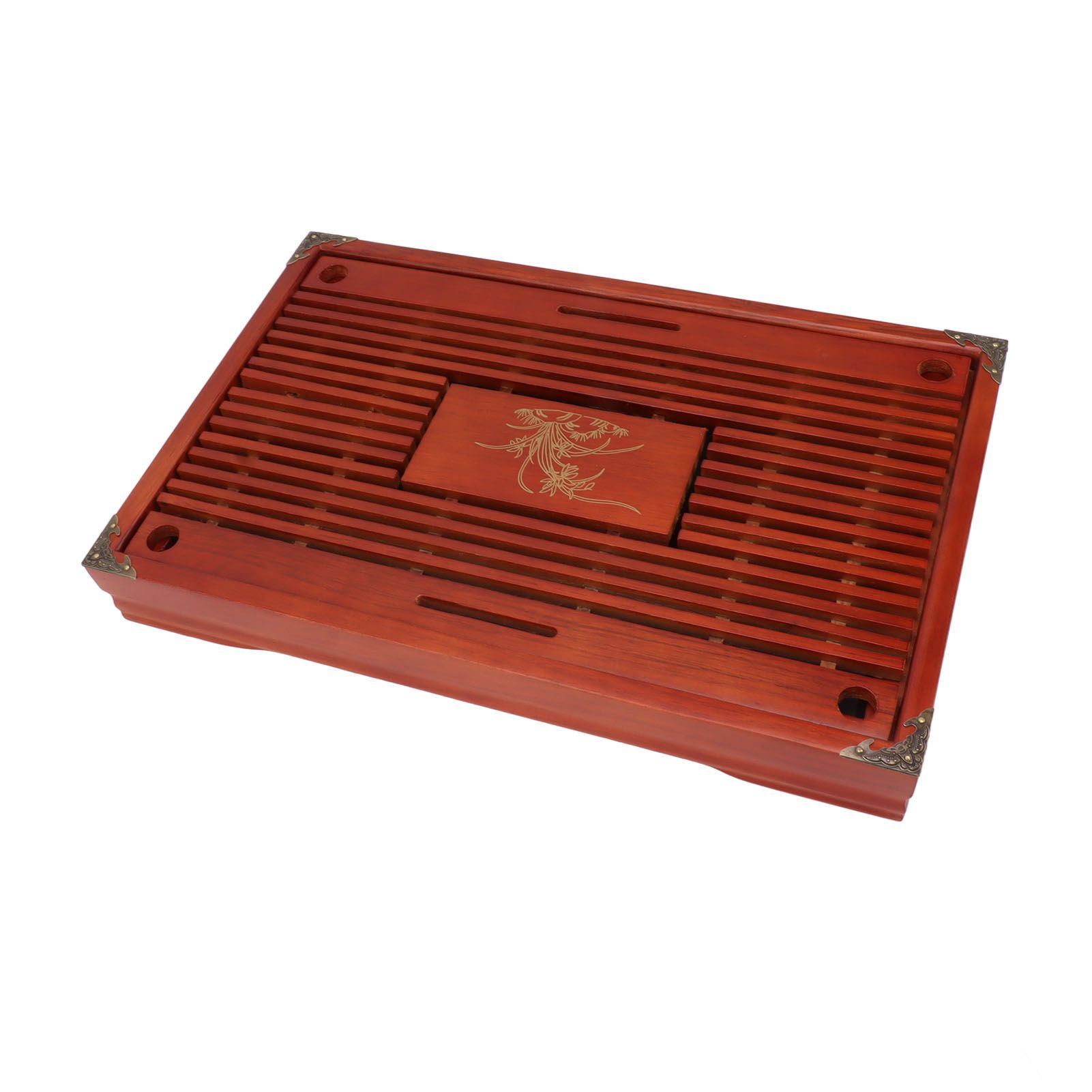 Chinese Style Kongfu Tea Tray Wooden Teaboard Drainage Water Storage Serving Tray Orchid Pattern Dark Red - Image 2