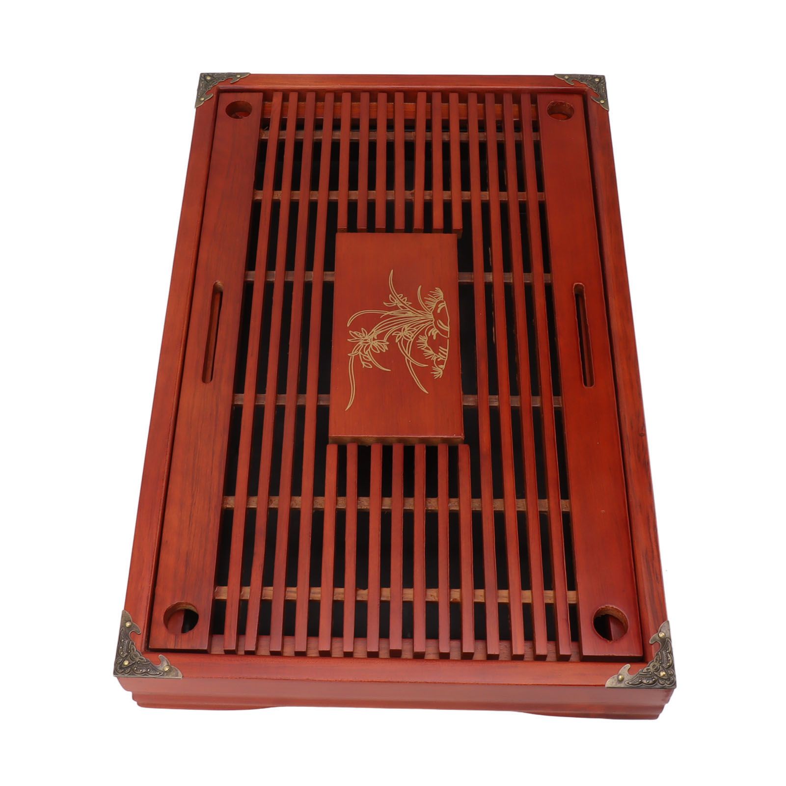 Chinese Style Kongfu Tea Tray Wooden Teaboard Drainage Water Storage Serving Tray Orchid Pattern Dark Red - Image 3