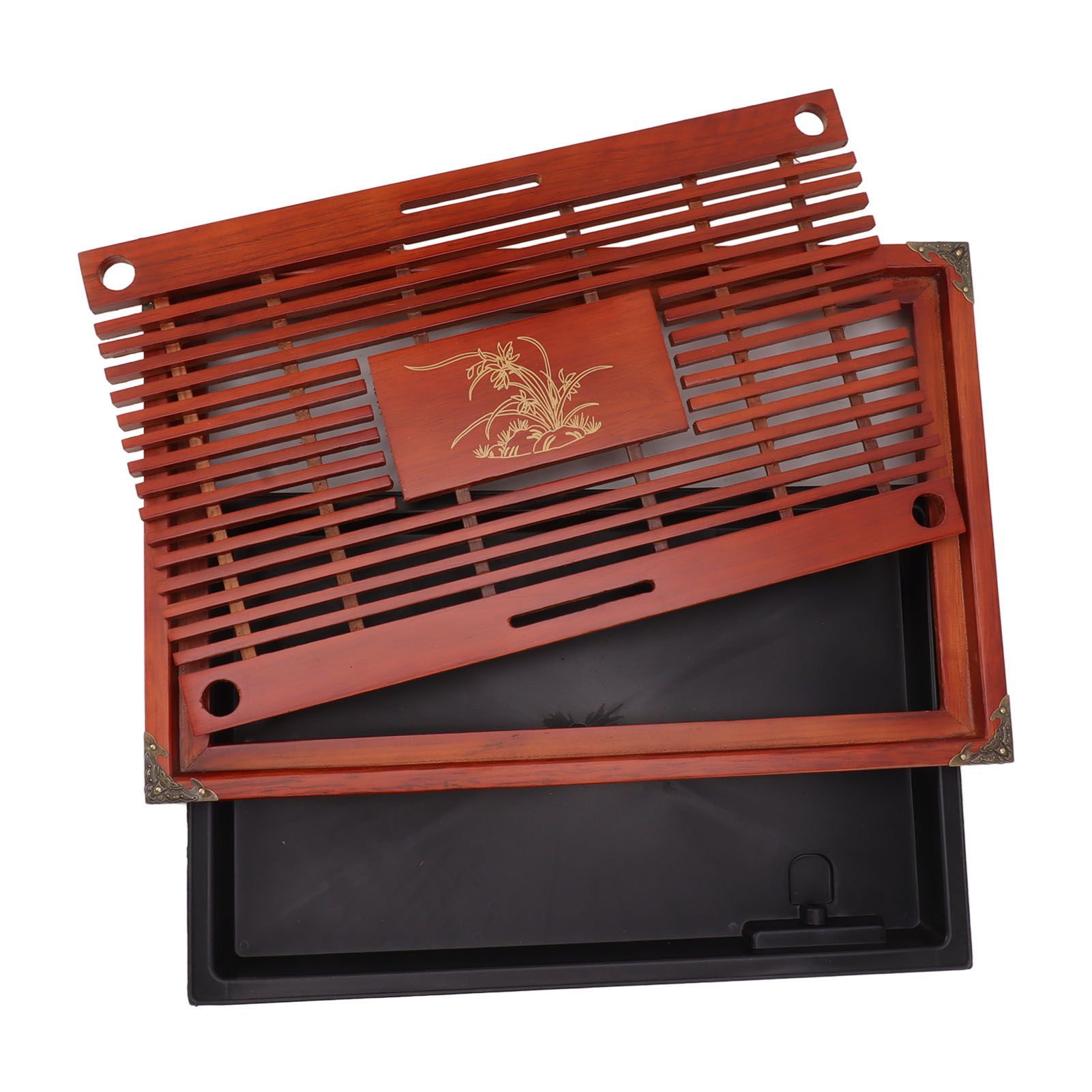 Chinese Style Kongfu Tea Tray Wooden Teaboard Drainage Water Storage Serving Tray Orchid Pattern Dark Red - Image 4