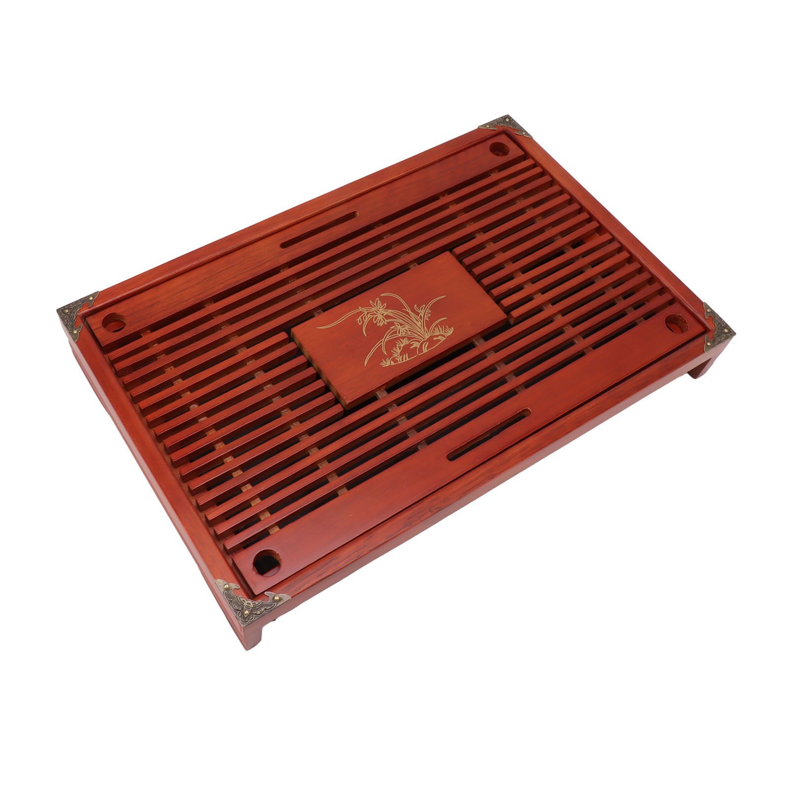 Chinese Style Kongfu Tea Tray Wooden Teaboard Drainage Water Storage Serving Tray Orchid Pattern Dark Red - Image 5