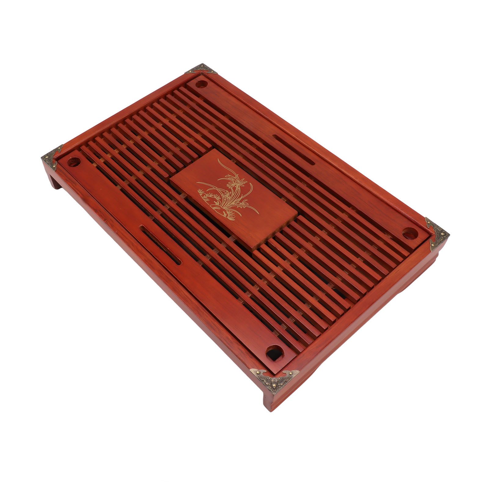 Chinese Style Kongfu Tea Tray Wooden Teaboard Drainage Water Storage Serving Tray Orchid Pattern Dark Red - Image 6