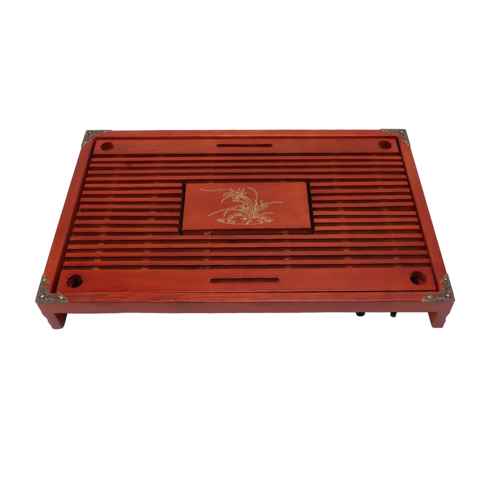 Chinese Style Kongfu Tea Tray Wooden Teaboard Drainage Water Storage Serving Tray Orchid Pattern Dark Red - Image 7