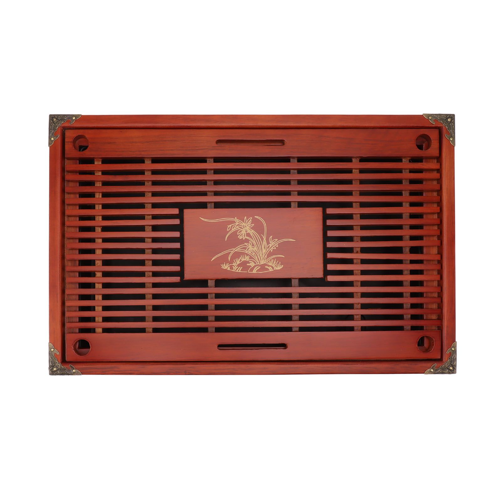 Chinese Style Kongfu Tea Tray Wooden Teaboard Drainage Water Storage Serving Tray Orchid Pattern Dark Red - Image 8