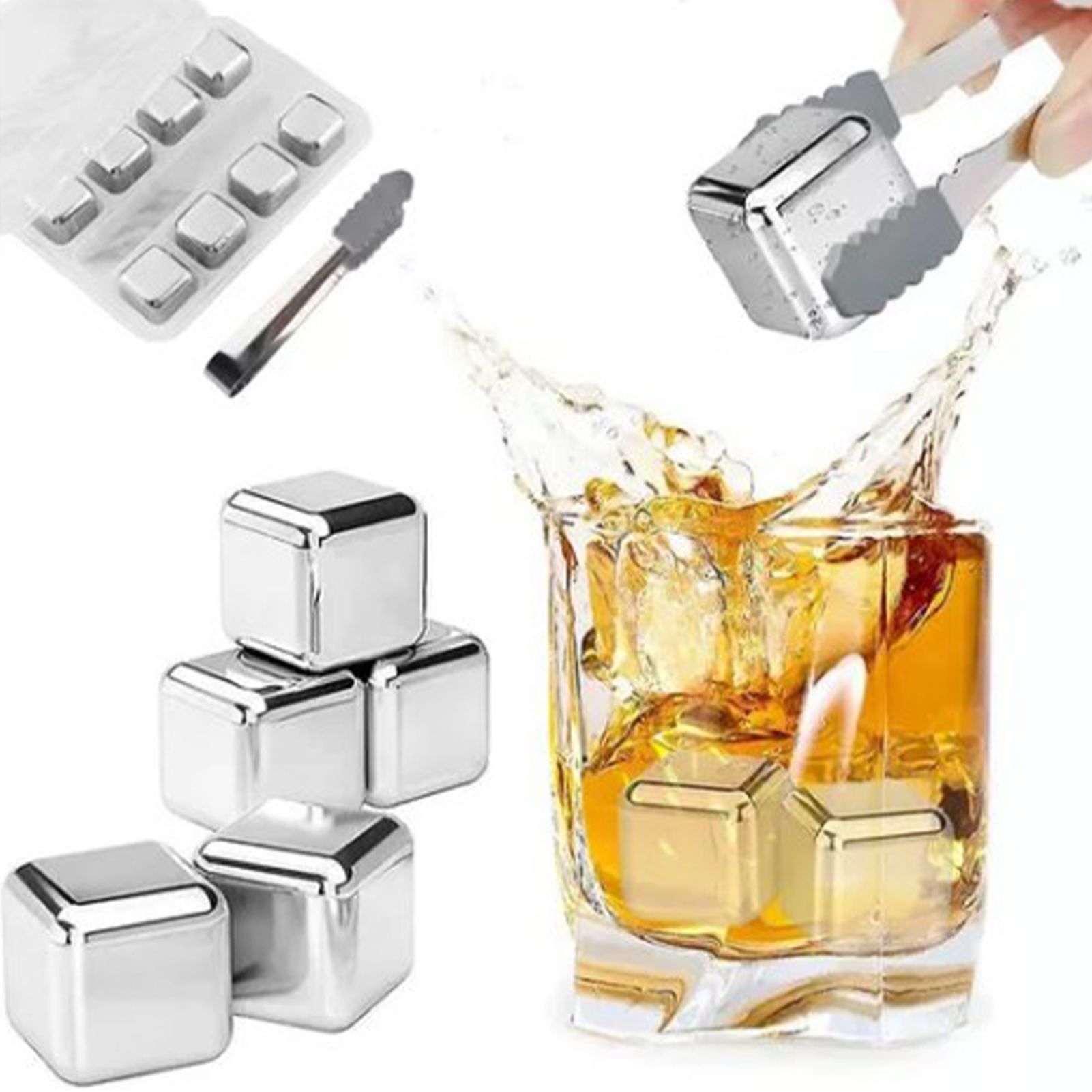 8PCS Metal Ice Cubes 304 Stainless Steel with Ice Tongs Widely Used Whiskey Stones for Chilling Whiskey Beverage - Image 5