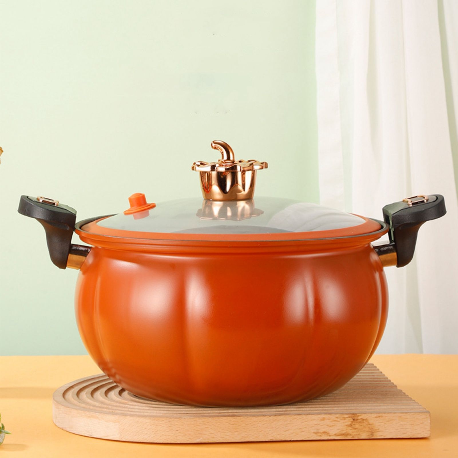 Micro Pressure Cooker Pumpkin Non Stick Multifunctional Soup Pot Gas Stove Universal Kitchen Tool with Glass Lid Brown 28cm - Image 6