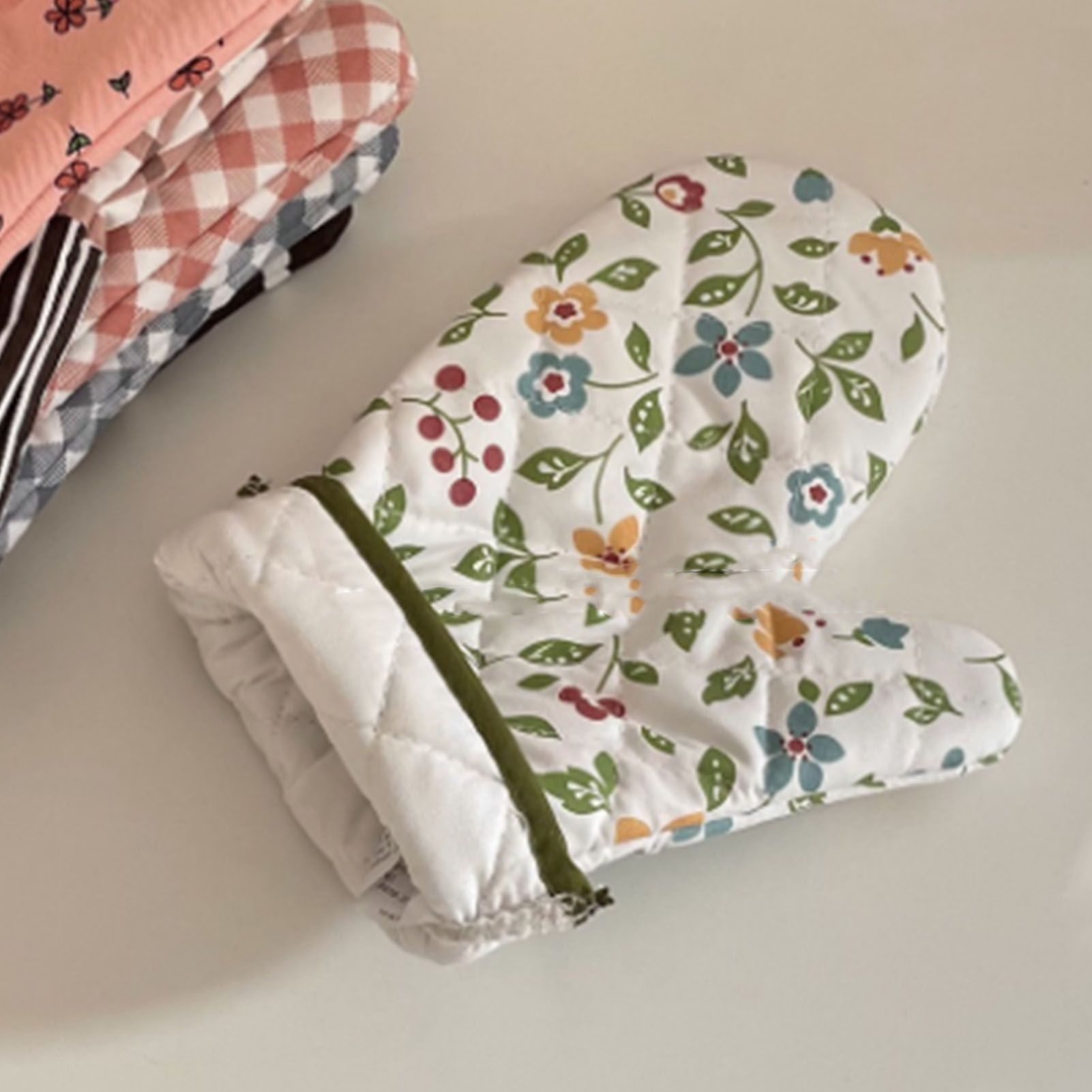 1 Pair Oven Gloves Non Slip Flower Grass Pattern Heat Resistant Microwave Mitts for Cooking Kitchen - Image 7