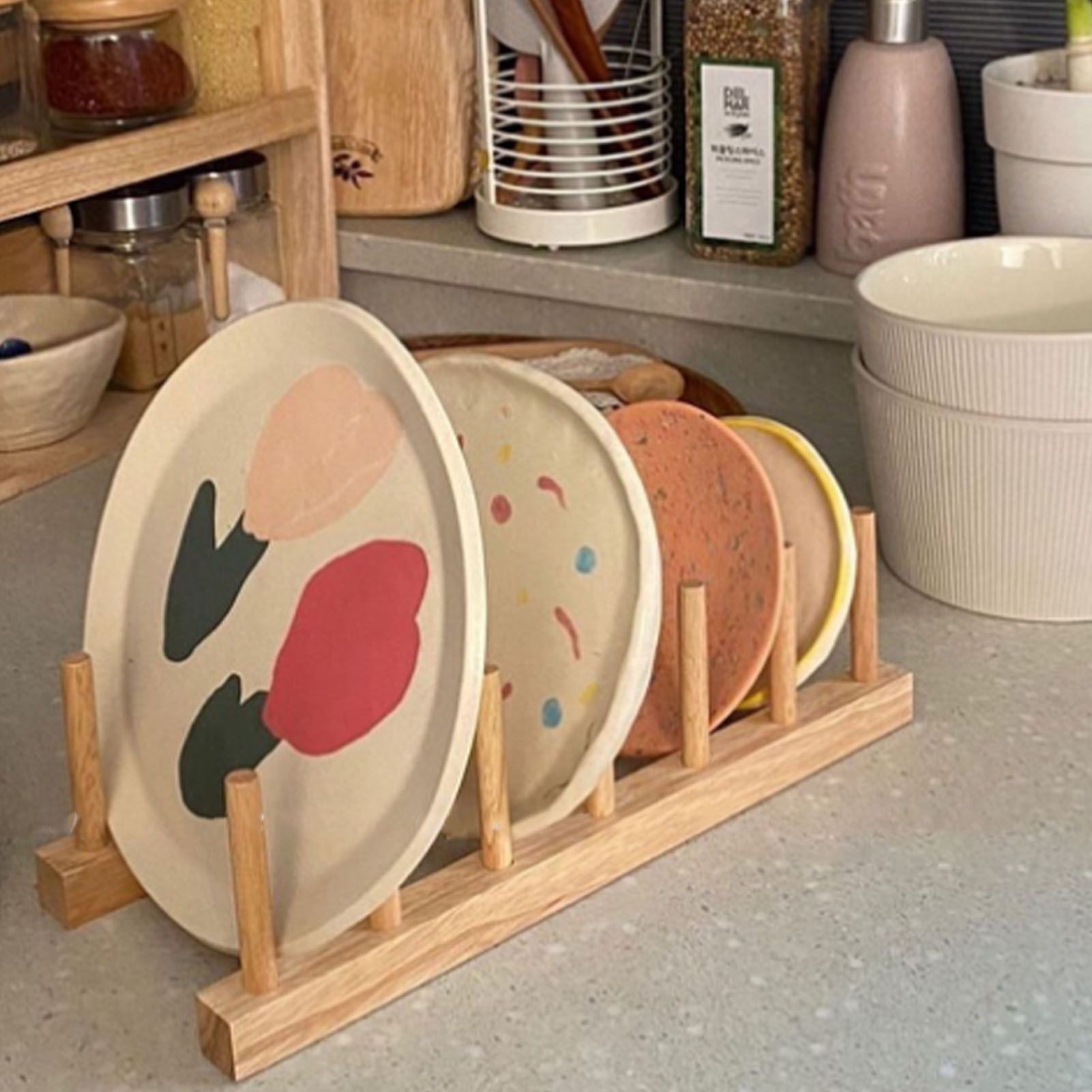 Vertical Wooden Dish Drying Rack 6 Grids Pine Wood Dish Drying Rack with Stable Base for Cups Cutting Boards - Image 3