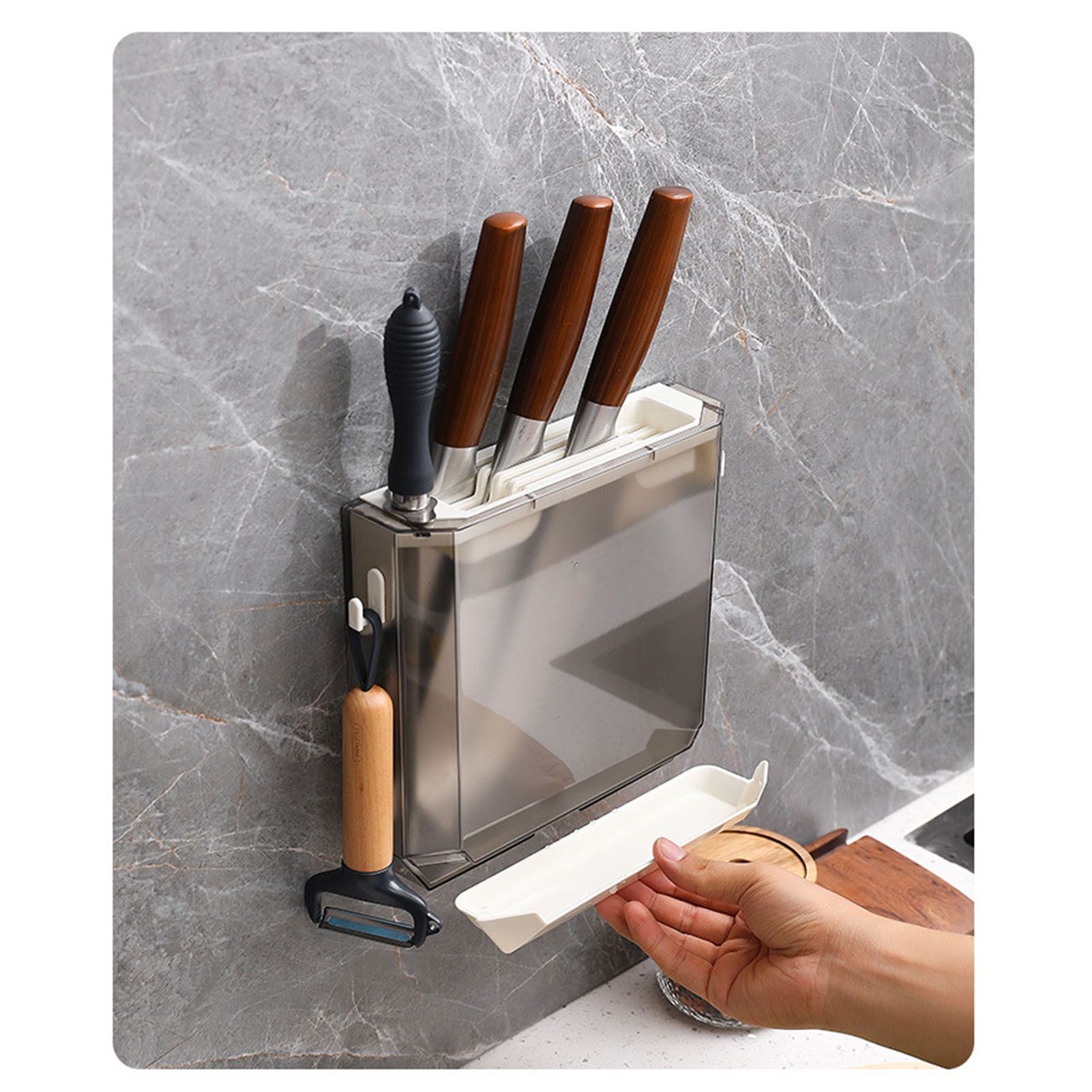 Kitchen Knife Holder Transparent PET Wall Mounted Storage Block Tools Hanging Rack Holder Shelf Gray - Image 5