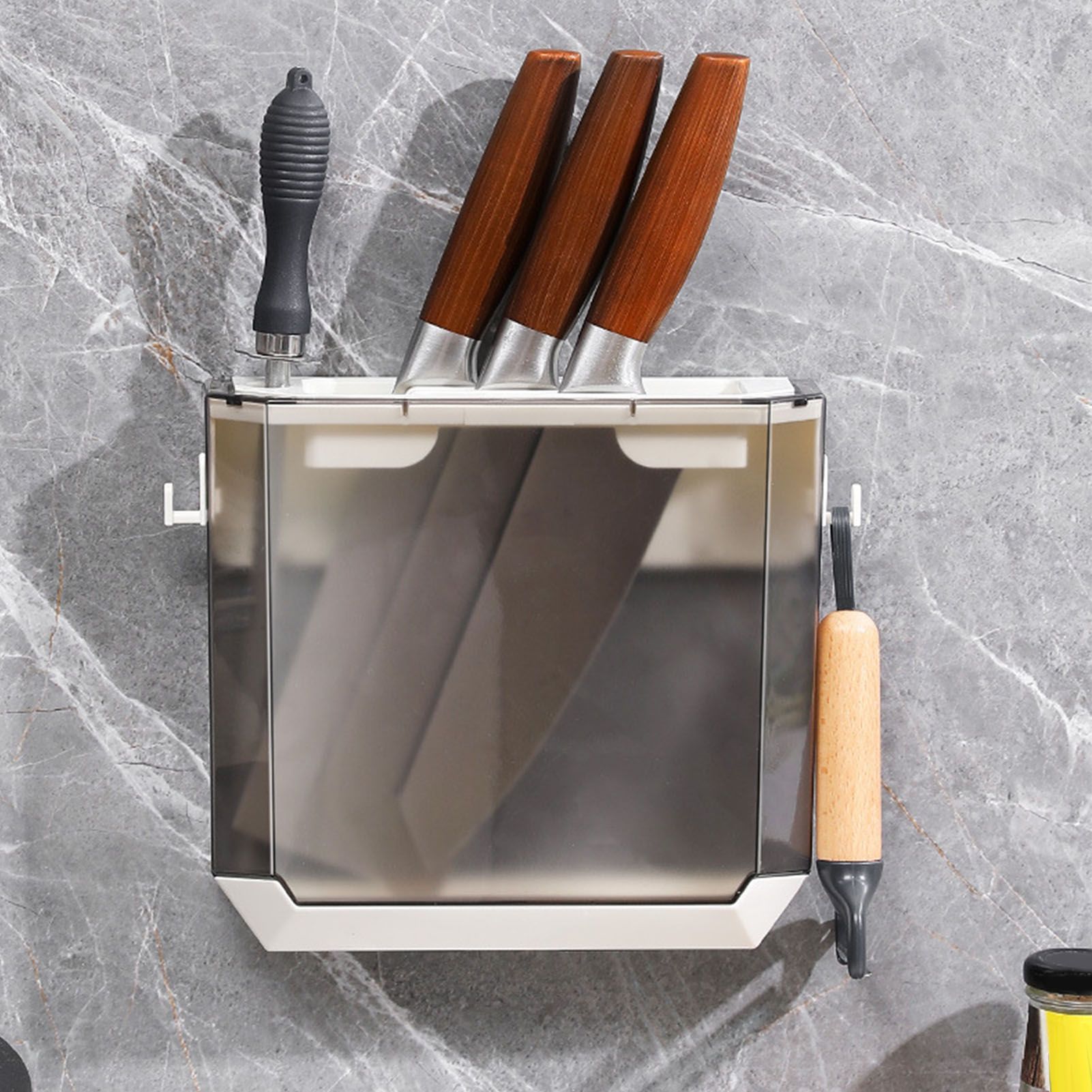 Kitchen Knife Holder Transparent PET Wall Mounted Storage Block Tools Hanging Rack Holder Shelf Gray - Image 7