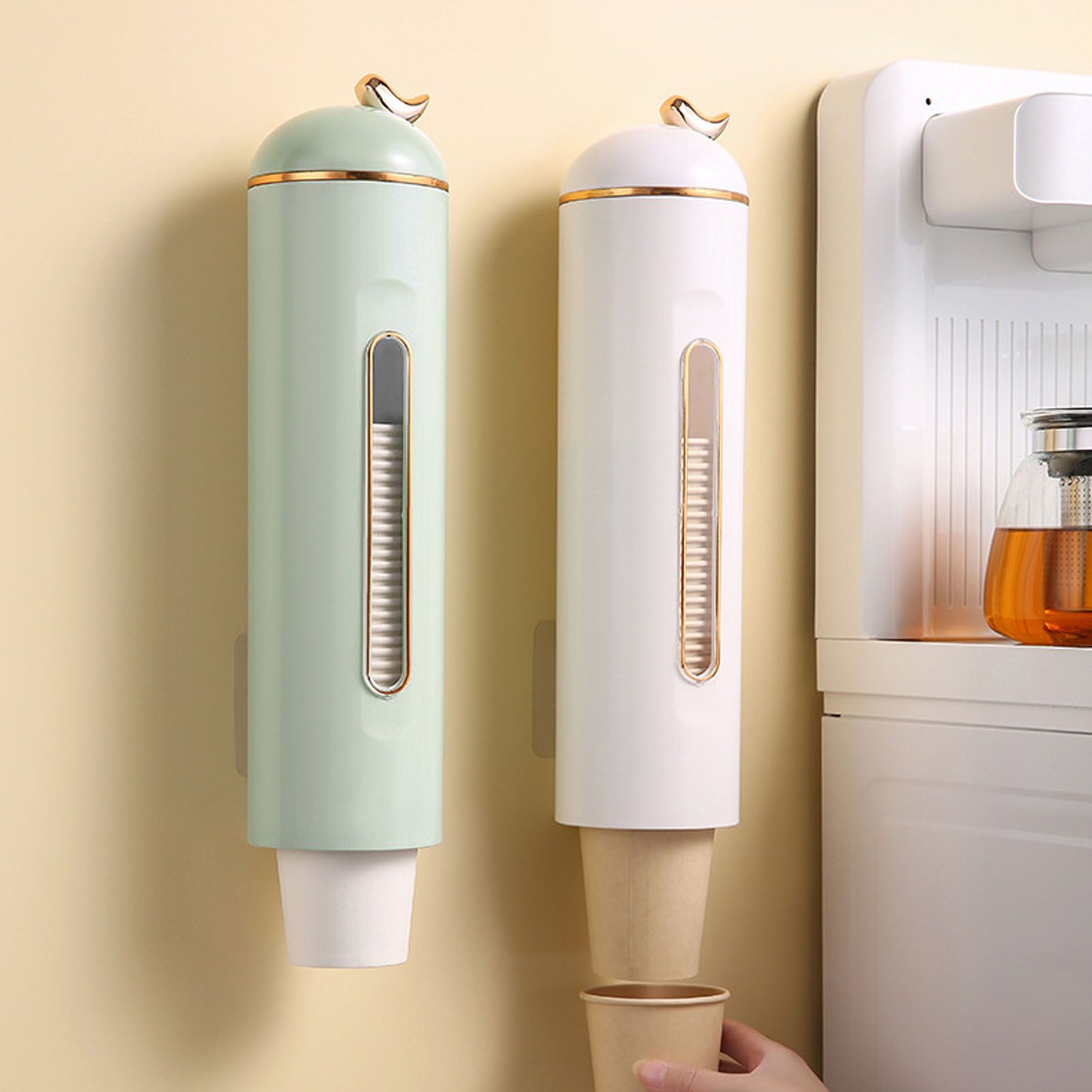 Paper Cup Dispenser Wall Mounted Pull Type Water Cup Holder Dispenser with Transparent Window for Home Kitchen Office Grass Green - Image 5