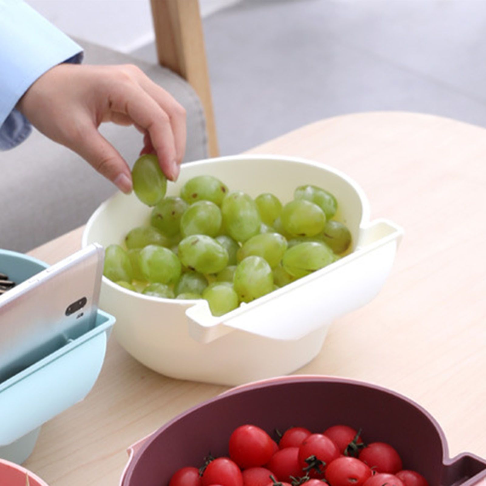Strainer Bowl 2 Layer Fruit Colander Basket Plastic with Phone Bracket for Kitchen Food White - Image 6