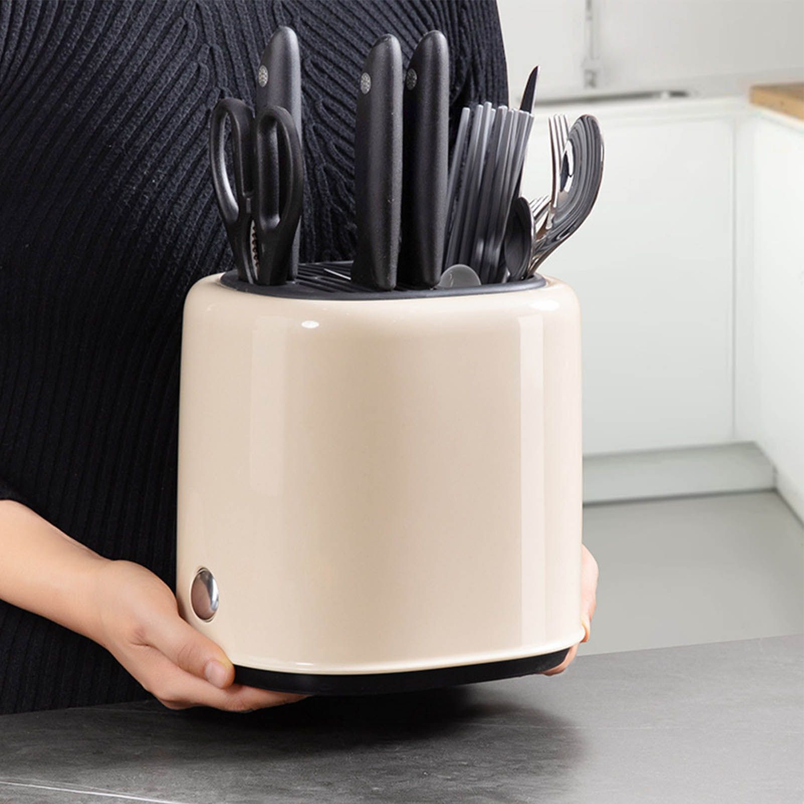 Knife Block Utensil Holder Retro Space Saving Large Capacity 2 In 1 Countertop Utensil Organizer for Kitchen Beige - Image 5