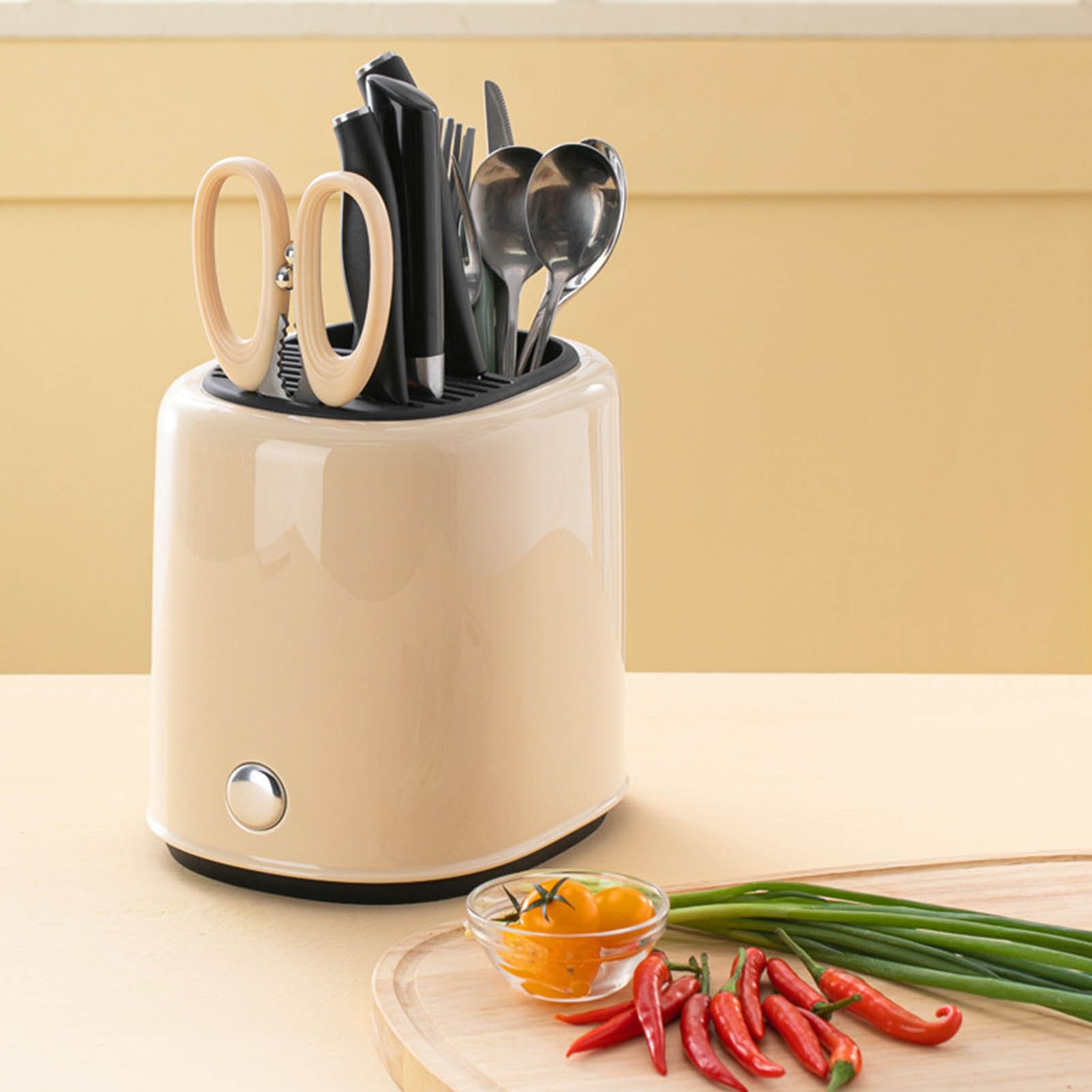 Knife Block Utensil Holder Retro Space Saving Large Capacity 2 In 1 Countertop Utensil Organizer for Kitchen Beige - Image 6