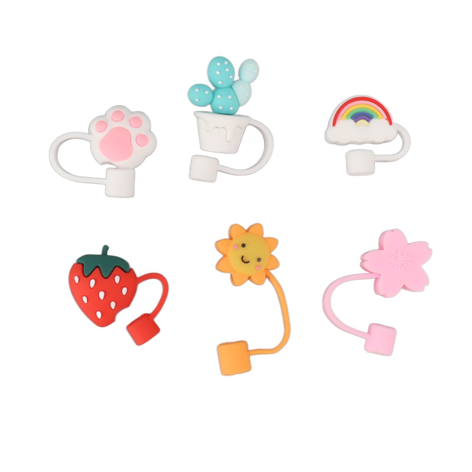 6Pcs Straw Cover Cap Cute Cartoon Reusable Silicone Toppers Drinking Tips Lids Plugs Type B - Image 1
