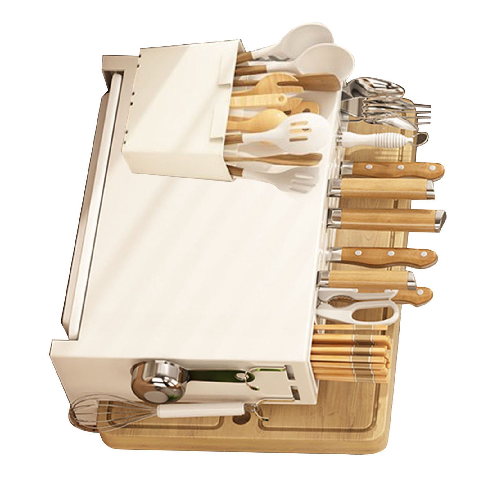 White Kitchen Chopsticks Knife Stand Cutting Board Integrated Magnet Draining Holder for Home - Image 2