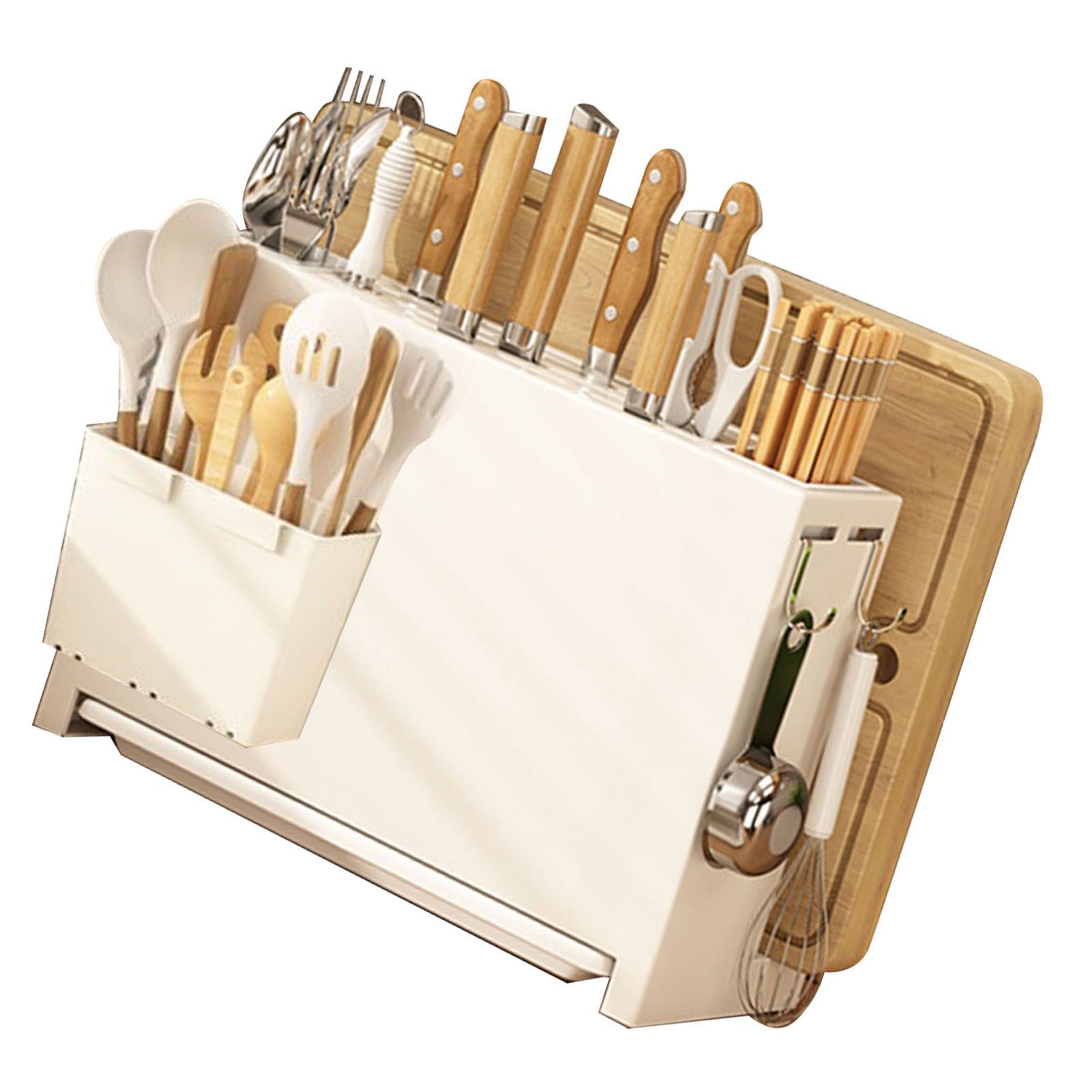 White Kitchen Chopsticks Knife Stand Cutting Board Integrated Magnet Draining Holder for Home - Image 4