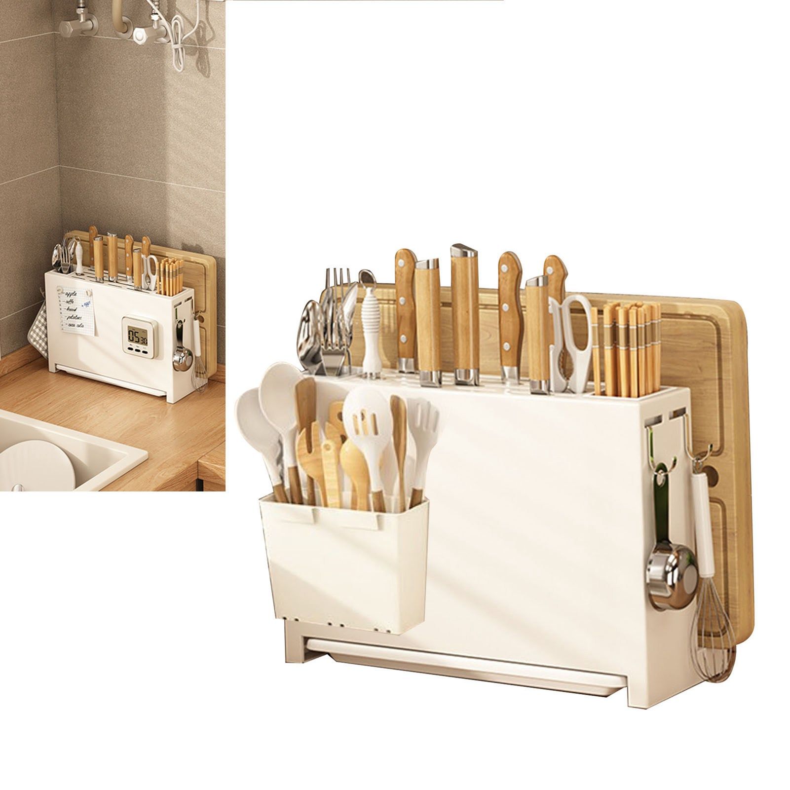 White Kitchen Chopsticks Knife Stand Cutting Board Integrated Magnet Draining Holder for Home - Image 5