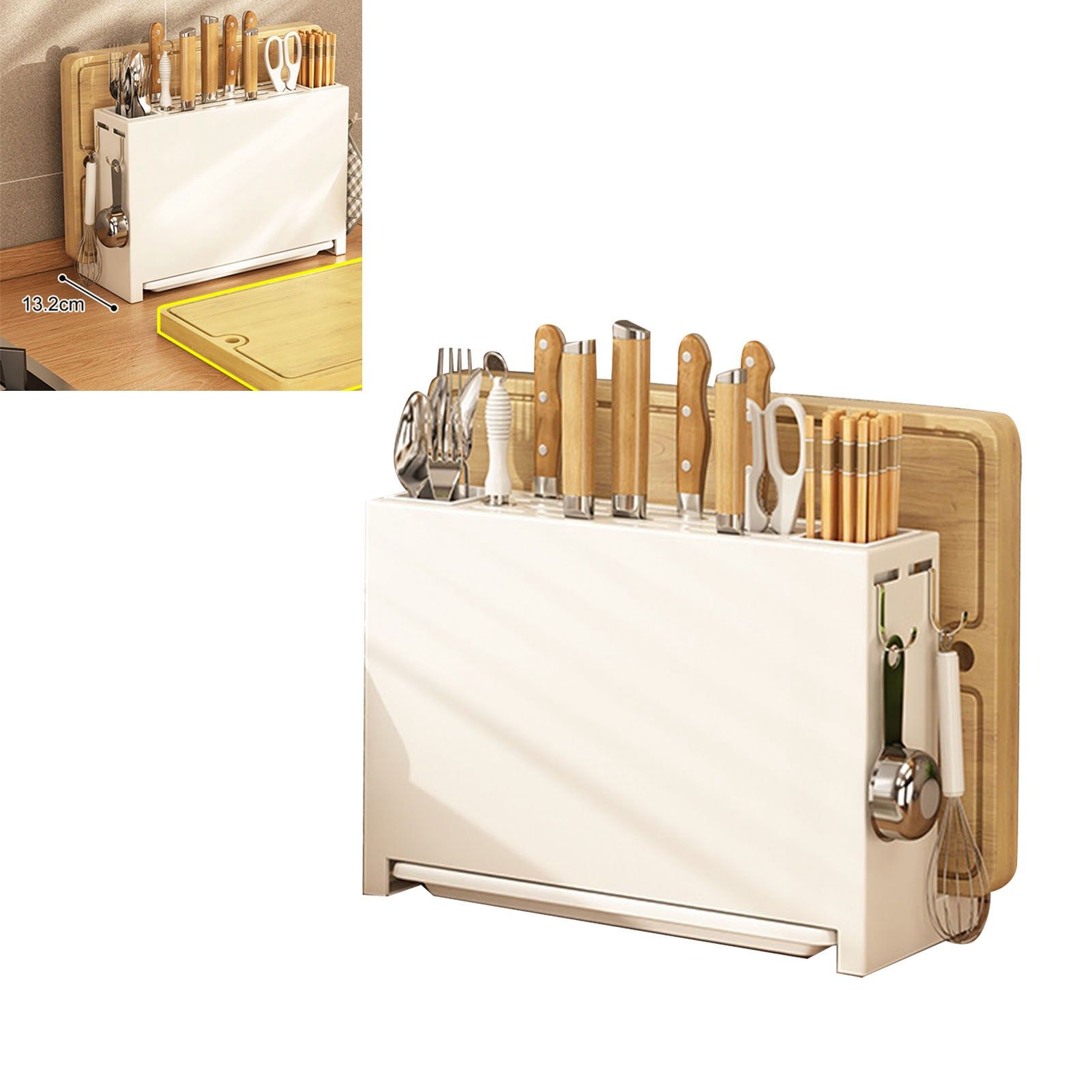 White Kitchen Chopsticks Knife Stand Cutting Board Integrated Magnet Draining Holder for Home - Image 6