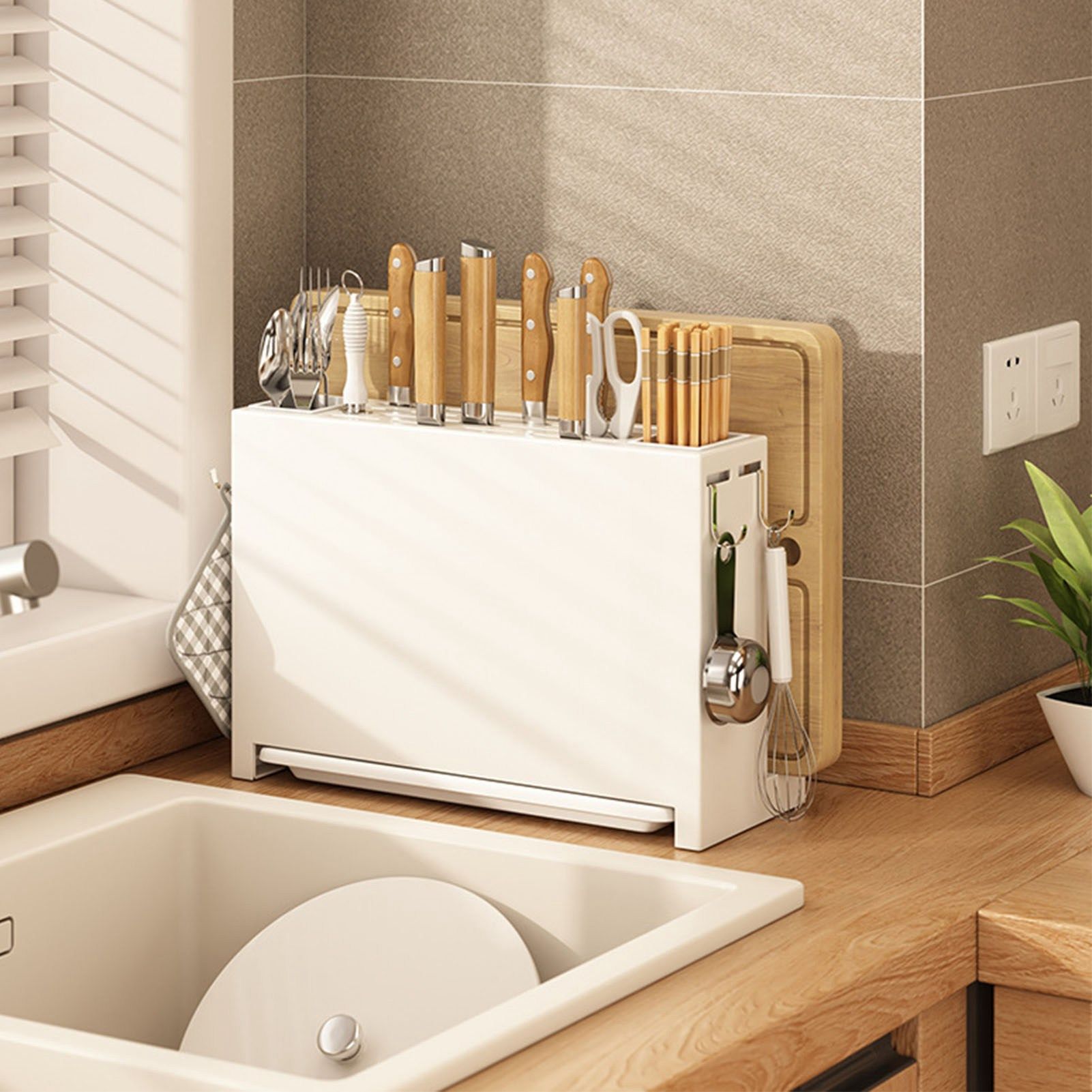 White Kitchen Chopsticks Knife Stand Cutting Board Integrated Magnet Draining Holder for Home - Image 7