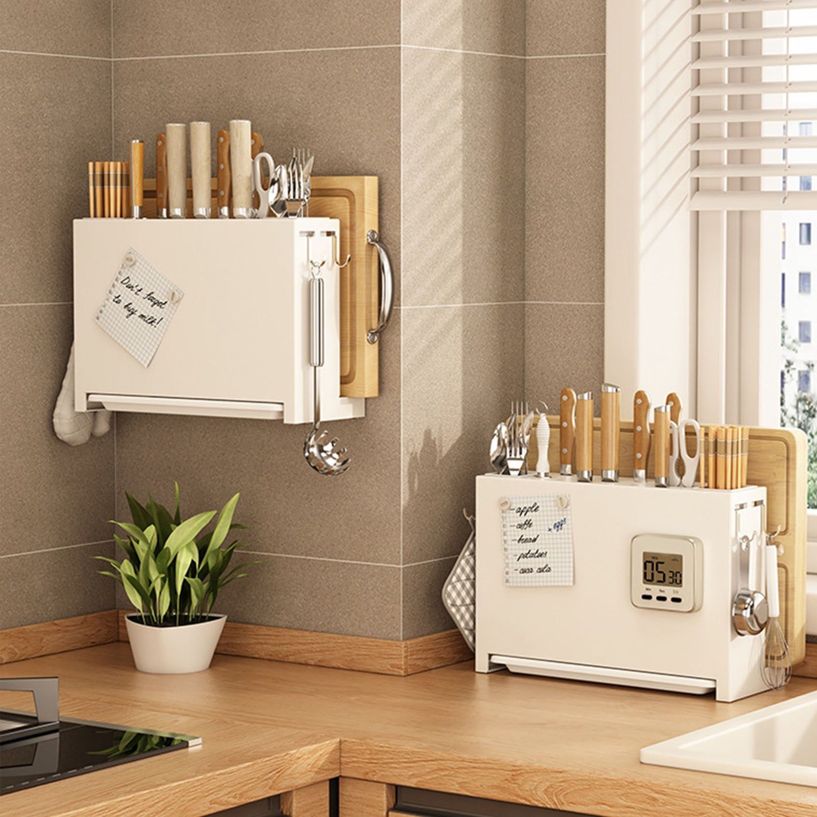 White Kitchen Chopsticks Knife Stand Cutting Board Integrated Magnet Draining Holder for Home - Image 8