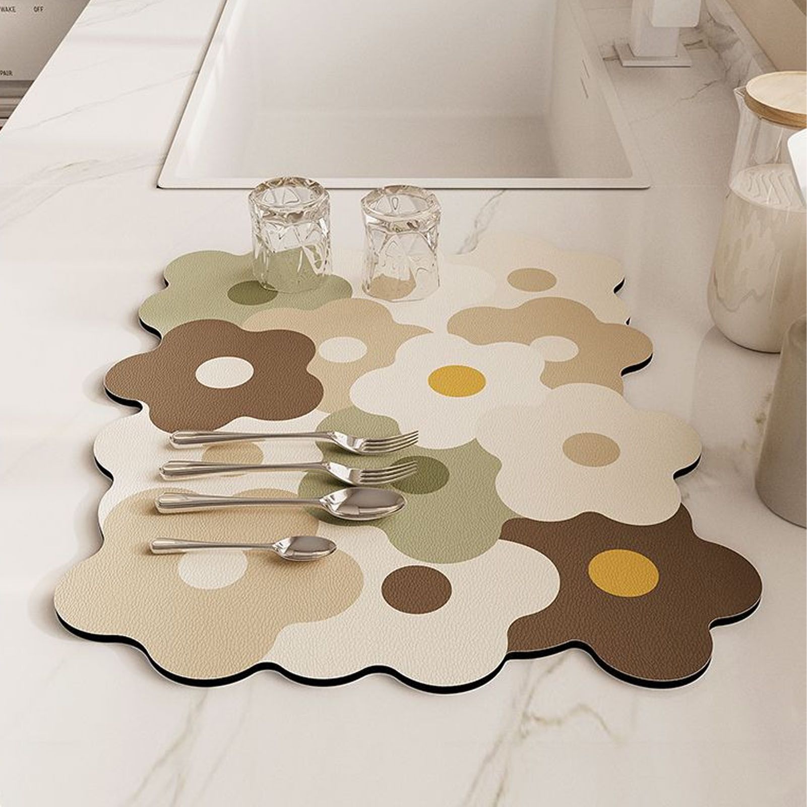 Kitchen Counter Dish Drying Mat Refreshing Cute Elegant Heat Resistant Absorbent Dishes Drain Mat Coffee and White 11.8 X 15.7in - Image 5