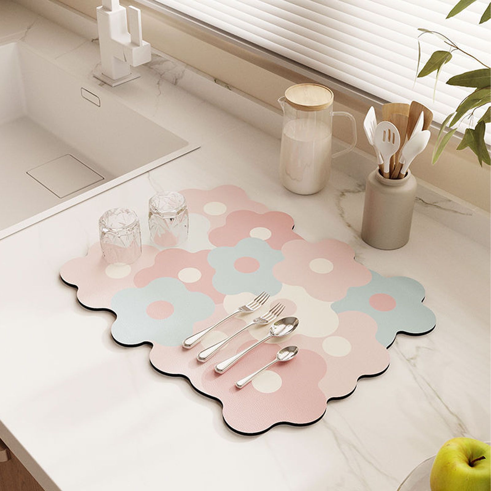 Kitchen Counter Dish Drying Mat Refreshing Cute Elegant Heat Resistant Absorbent Dishes Drain Mat Pink and Blue 11.8 X 15.7in - Image 5