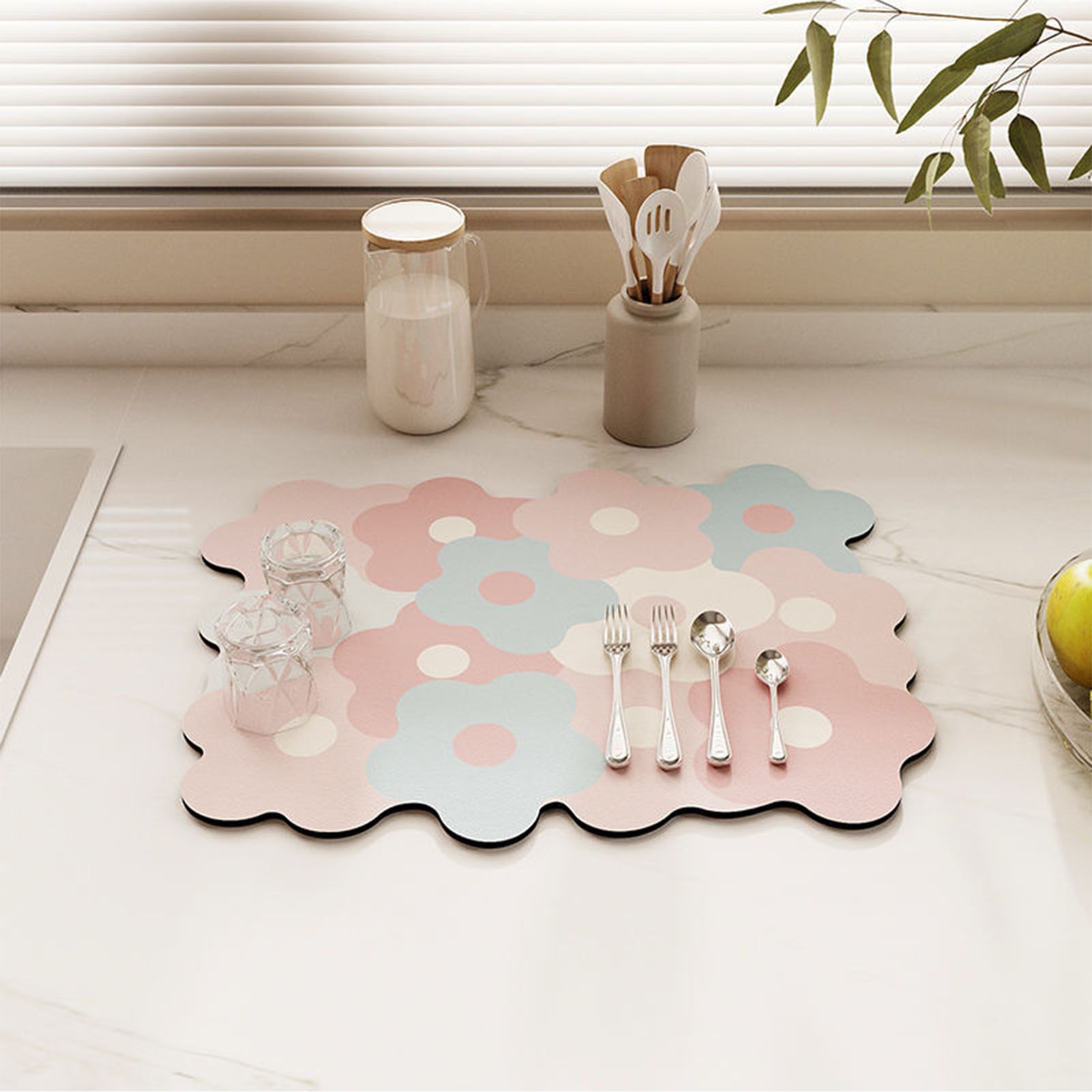 Kitchen Counter Dish Drying Mat Refreshing Cute Elegant Heat Resistant Absorbent Dishes Drain Mat Pink and Blue 11.8 X 15.7in - Image 6