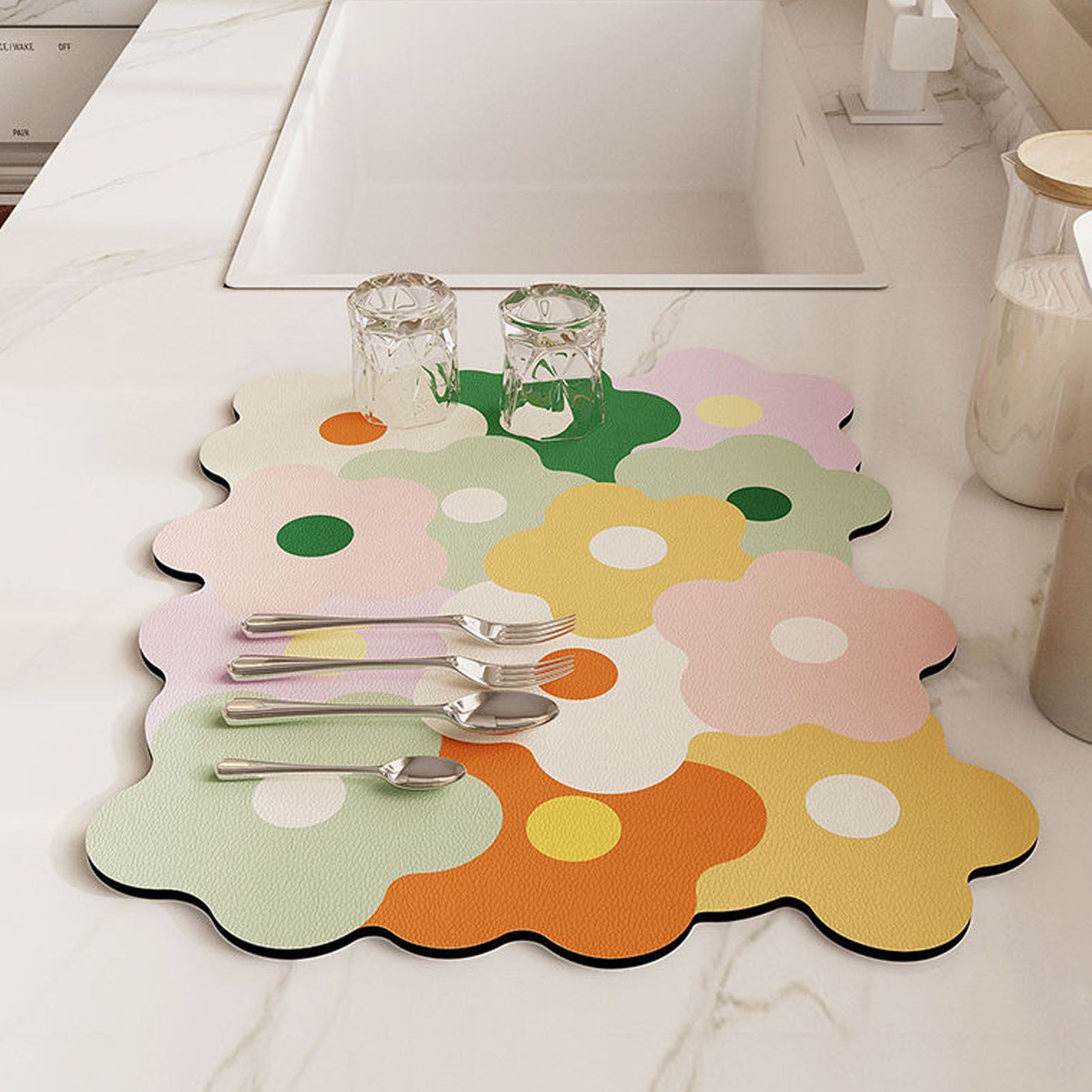Kitchen Counter Dish Drying Mat Refreshing Cute Elegant Heat Resistant Absorbent Dishes Drain Mat Yellow and Green 11.8 X 15.7in - Image 5