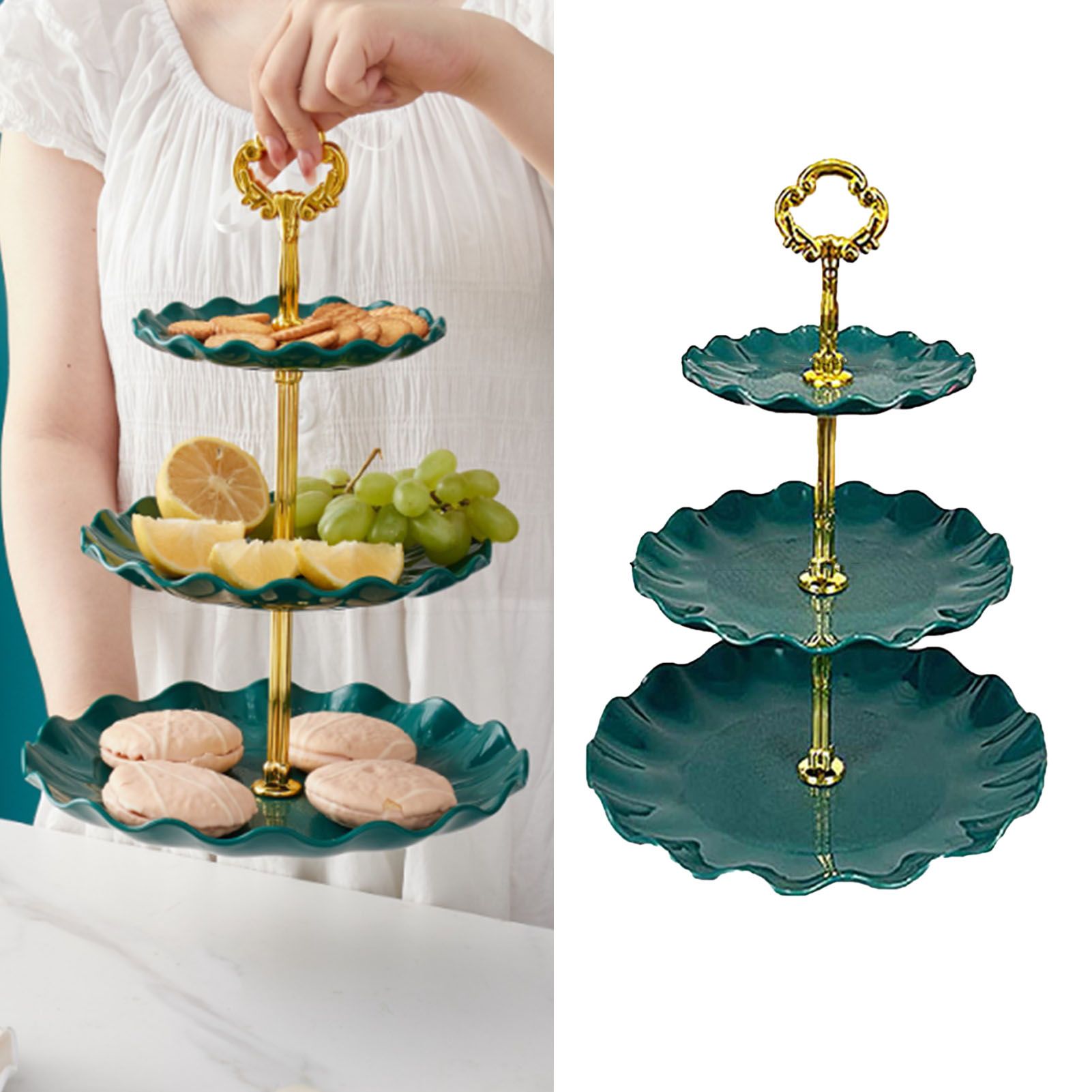 Nordic Style 3 Layer Fruit Plate Tray Plastic 3 Tier Cake Stand Holiday Party Dessert Tray Dark Green - Image 5