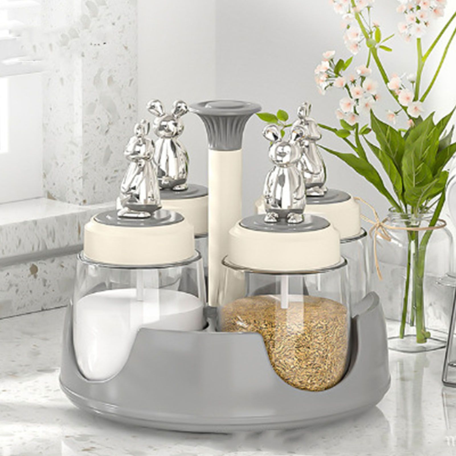 Rotating Spice Rack Salt Shaker with Lid Glass Flavoring Bottle for Kitchen Restaurant Home Gray - Image 6