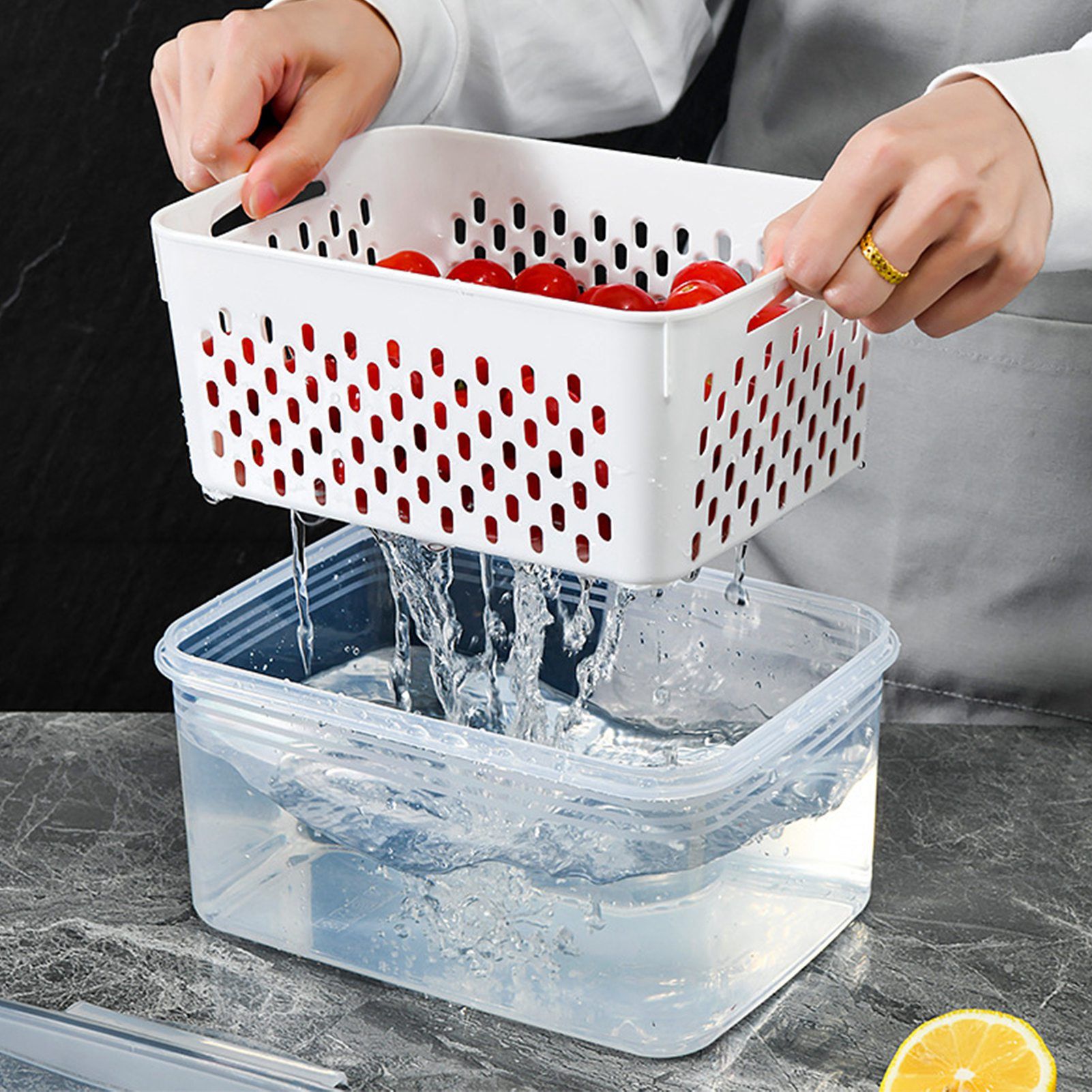 3pcs Drain Storage Basket Box Transparent Leakproof Food Storage Containers with Removable Colander for Fridge - Image 6