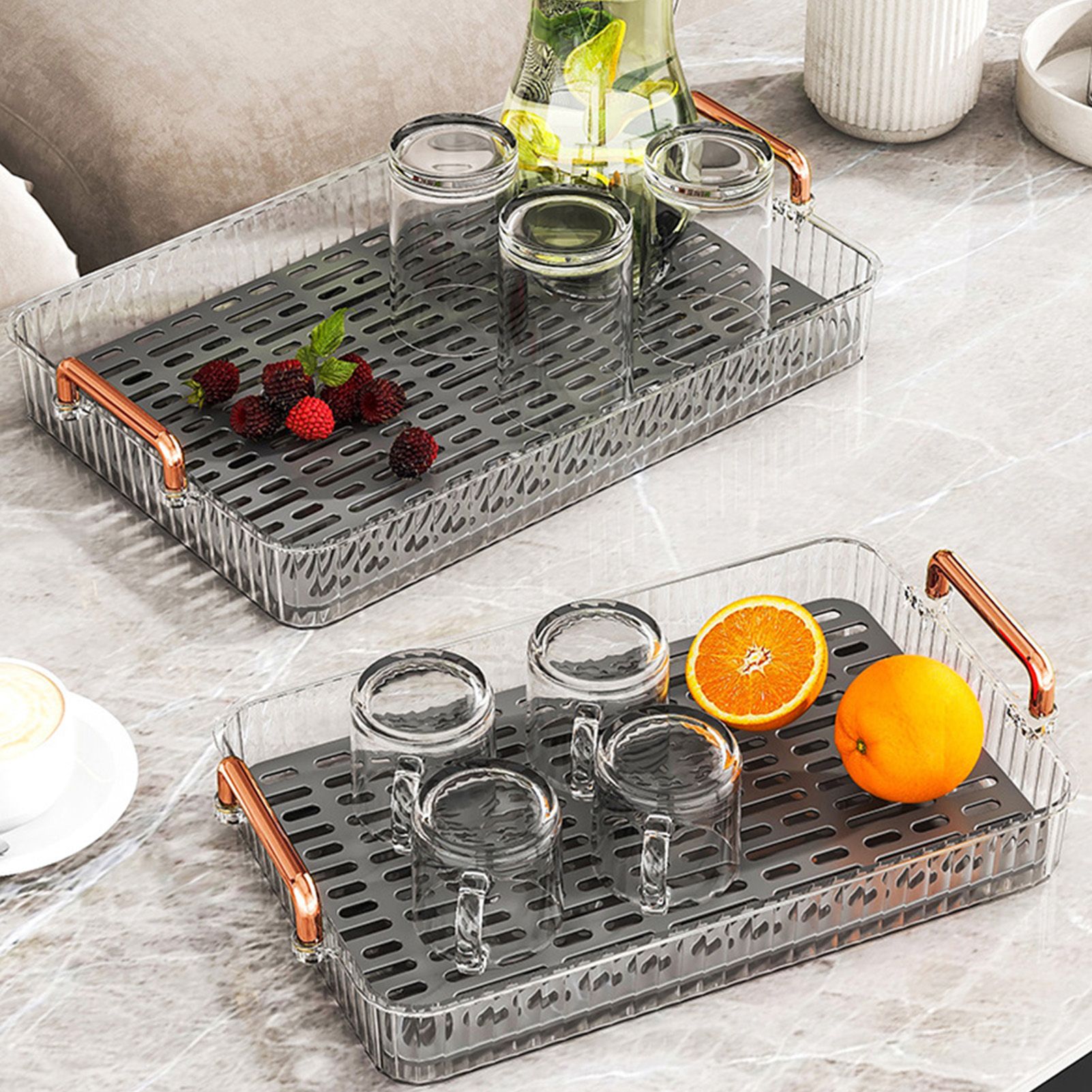 Water Drainage Tea Tray Double Layer Large Capacity Rectangular Cup Drain Board with Handle for Living Room S White - Image 5