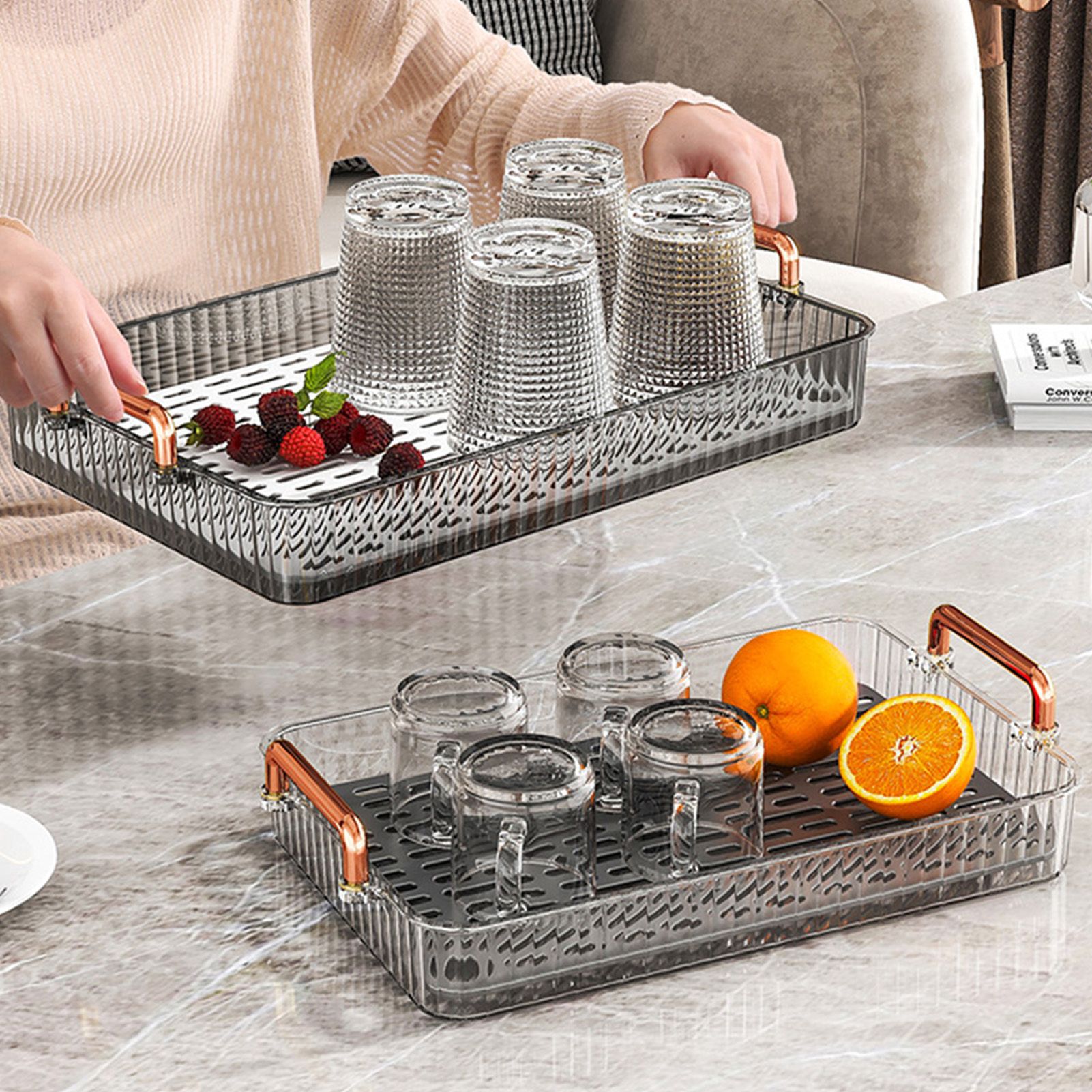 Water Drainage Tea Tray Double Layer Large Capacity Rectangular Cup Drain Board with Handle for Living Room S White - Image 6