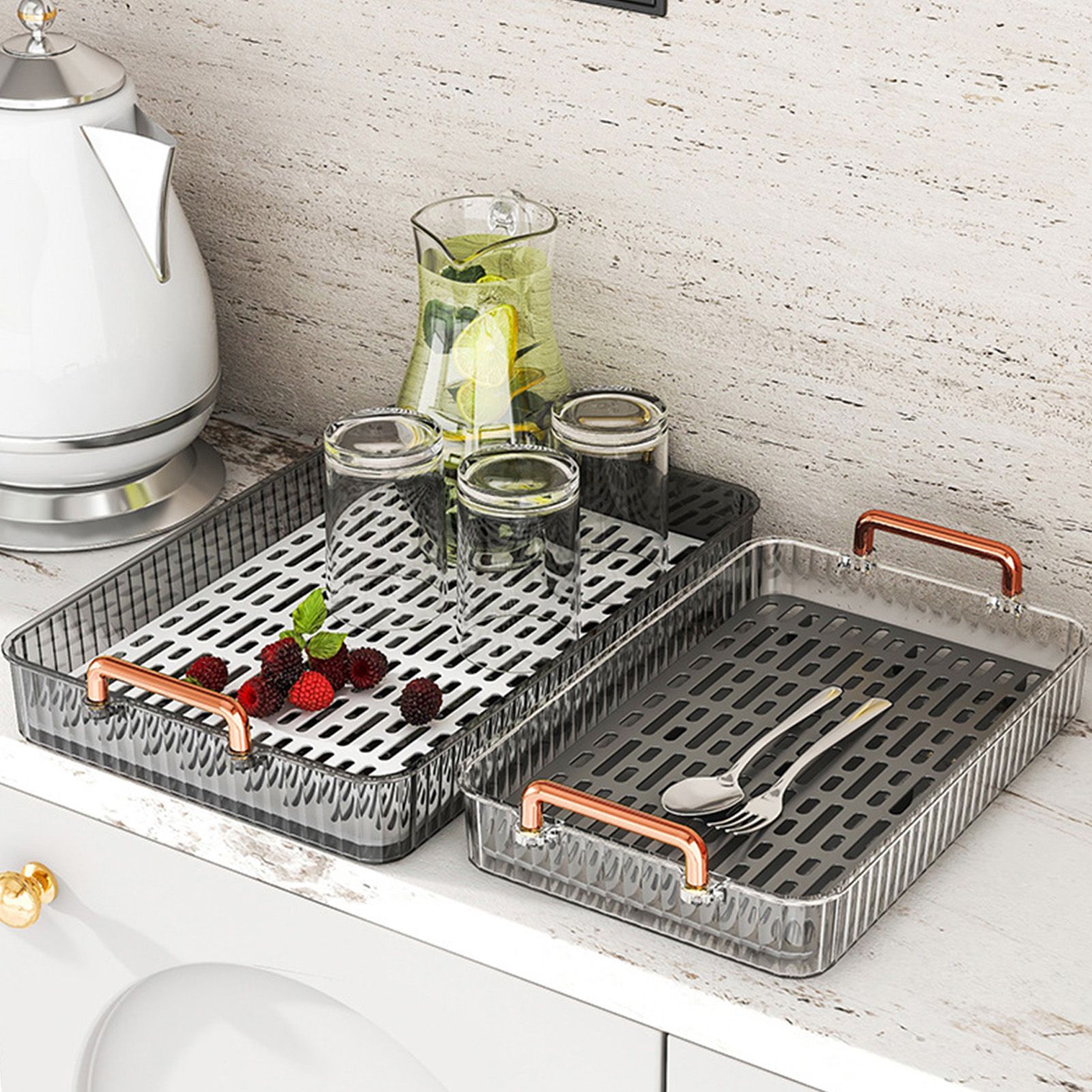 Water Drainage Tea Tray Double Layer Large Capacity Rectangular Cup Drain Board with Handle for Living Room S White - Image 7