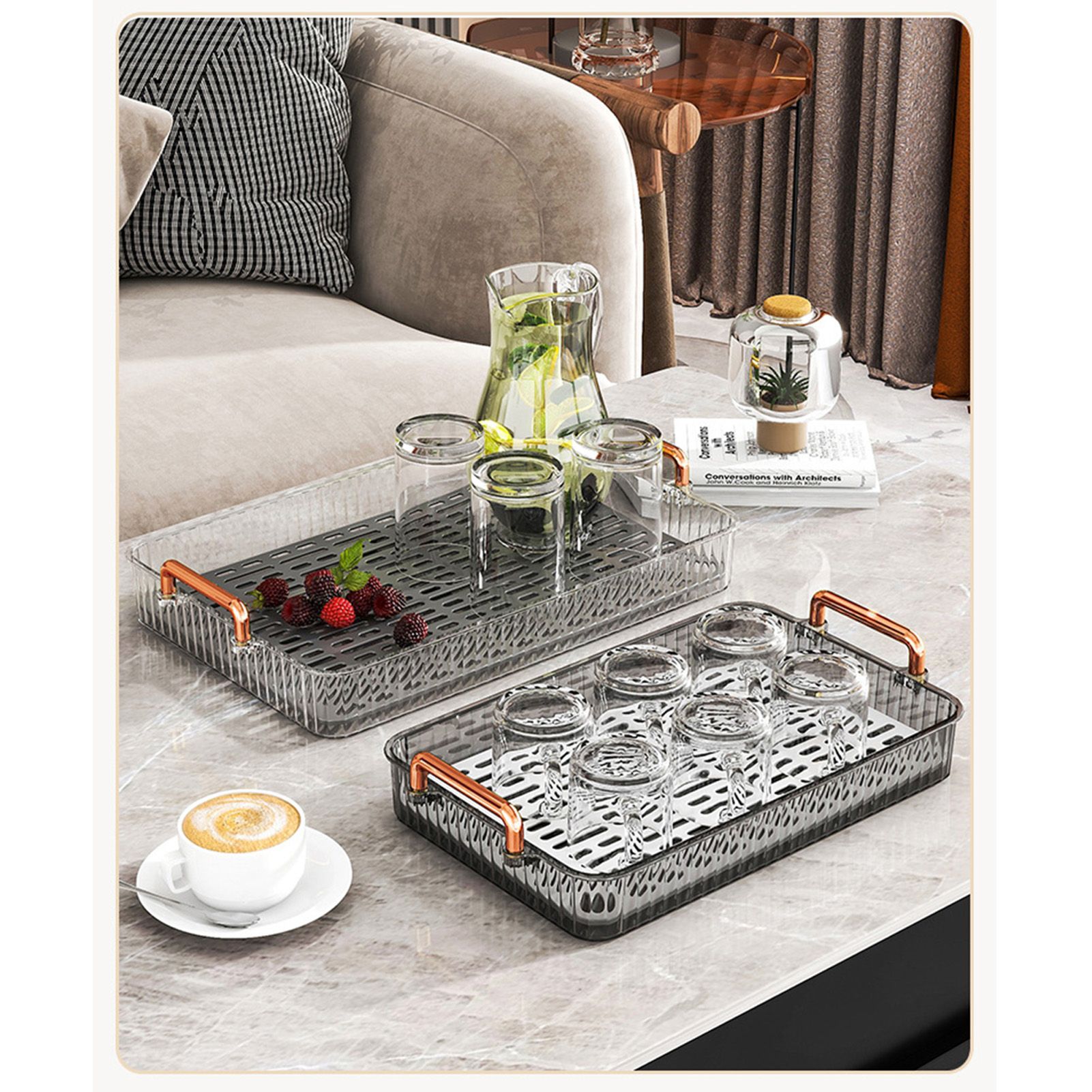 Water Drainage Tea Tray Double Layer Large Capacity Rectangular Cup Drain Board with Handle for Living Room S White - Image 8