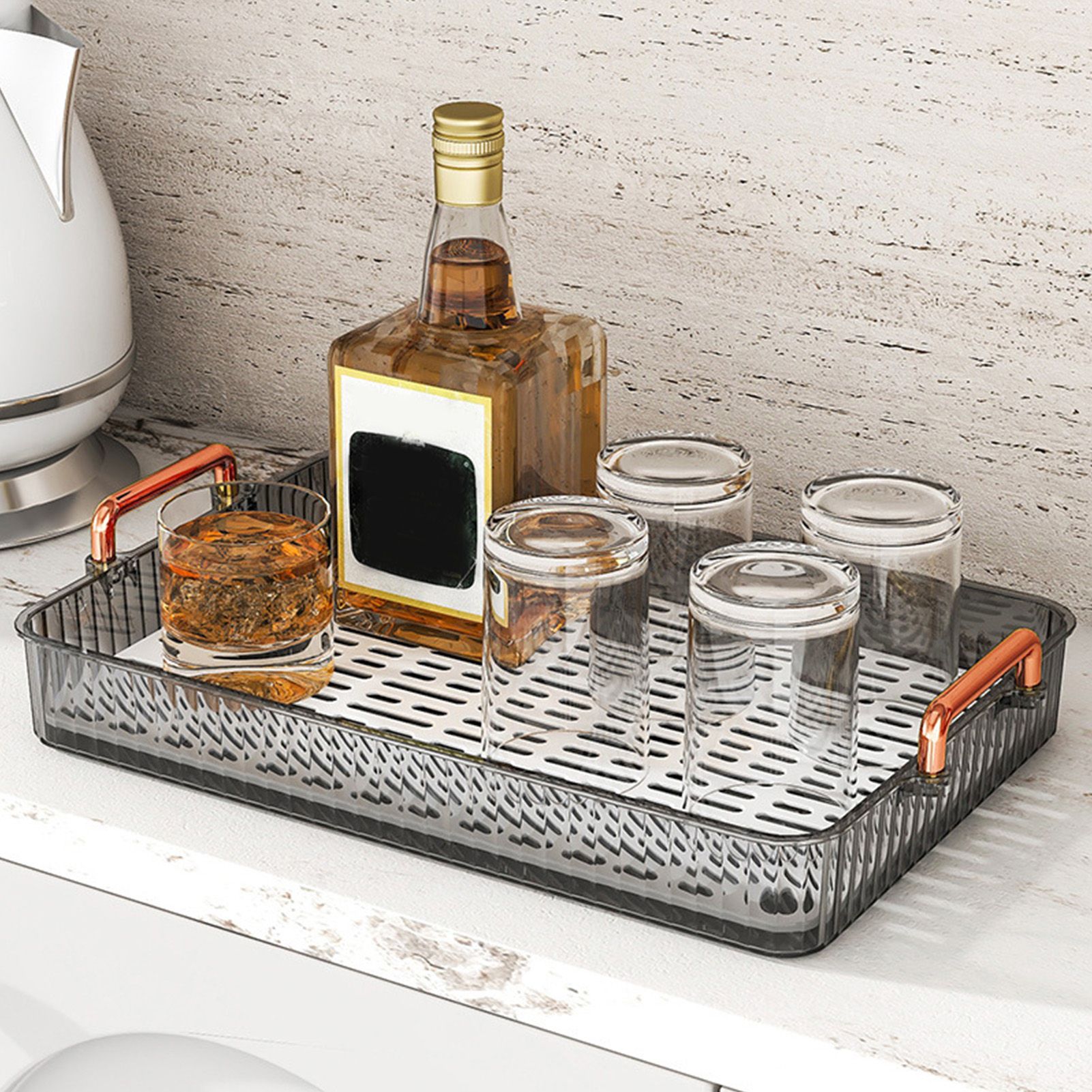 Water Drainage Tea Tray Double Layer Large Capacity Rectangular Cup Drain Board with Handle for Living Room S Gray - Image 5