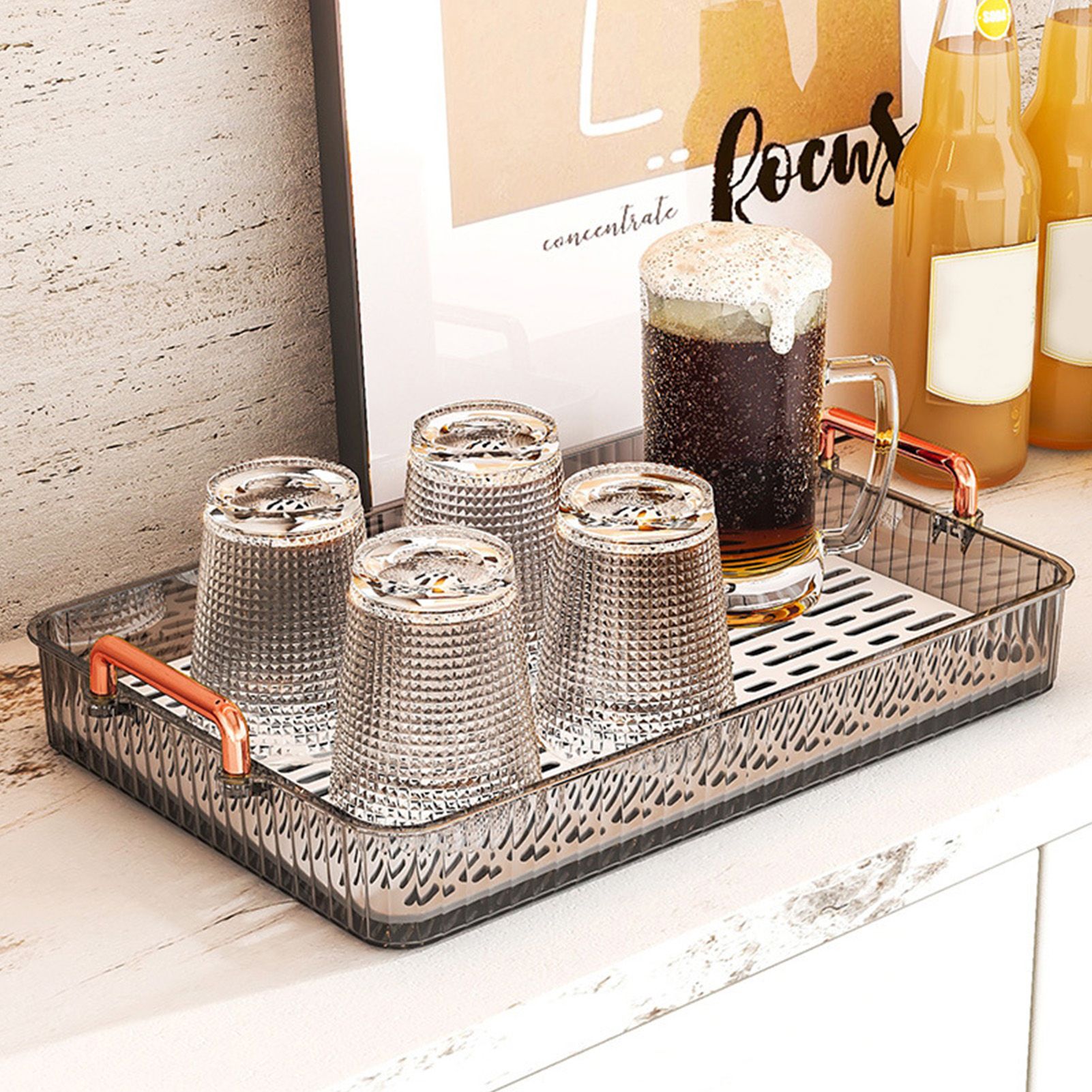 Water Drainage Tea Tray Double Layer Large Capacity Rectangular Cup Drain Board with Handle for Living Room S Gray - Image 6