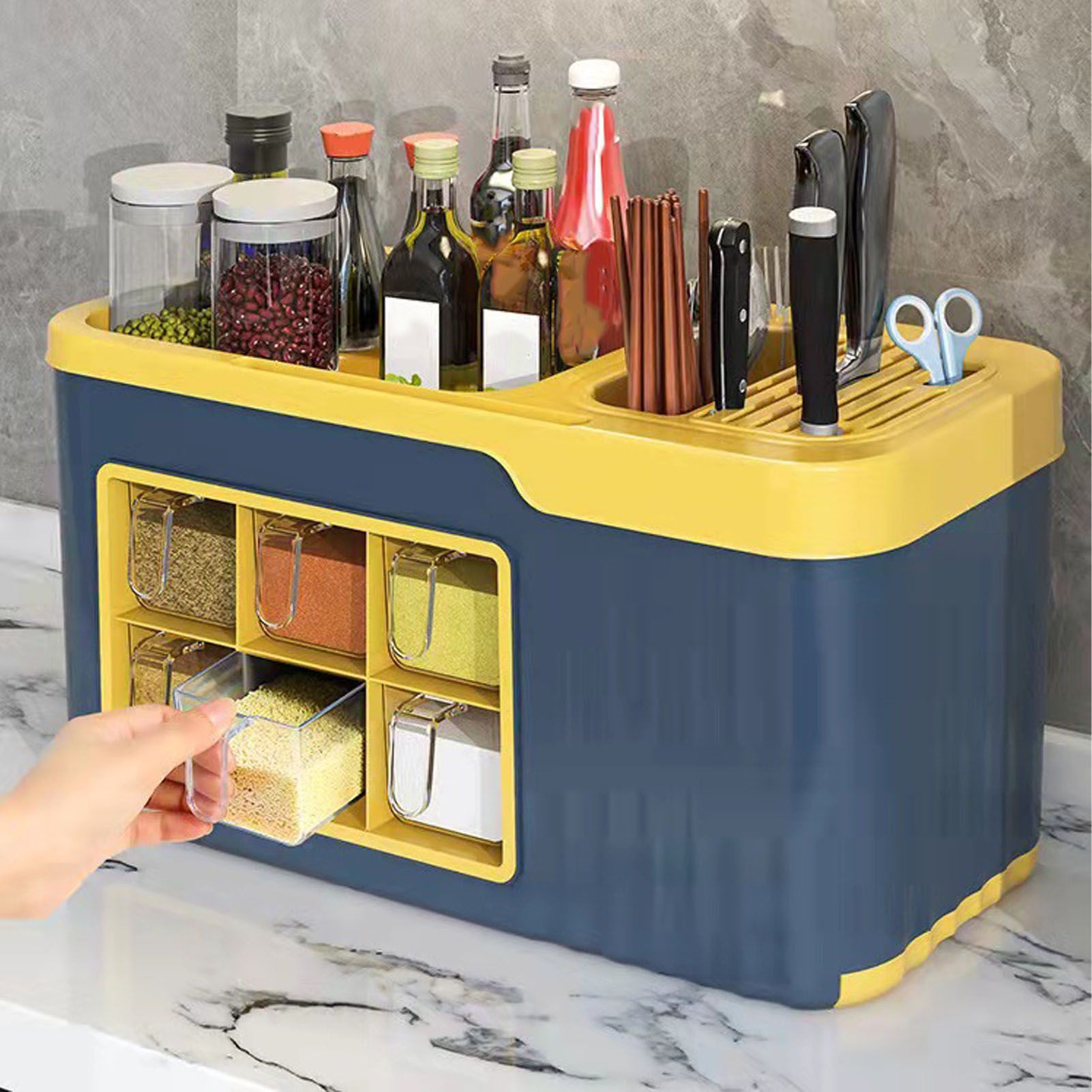 Kitchen Seasoning Storage Rack Plastic Seasoning Storage Rack Multifunctional Knife Rack Spice Organizer Storage Rack Blue and Yellow 4 Cells - Image 5