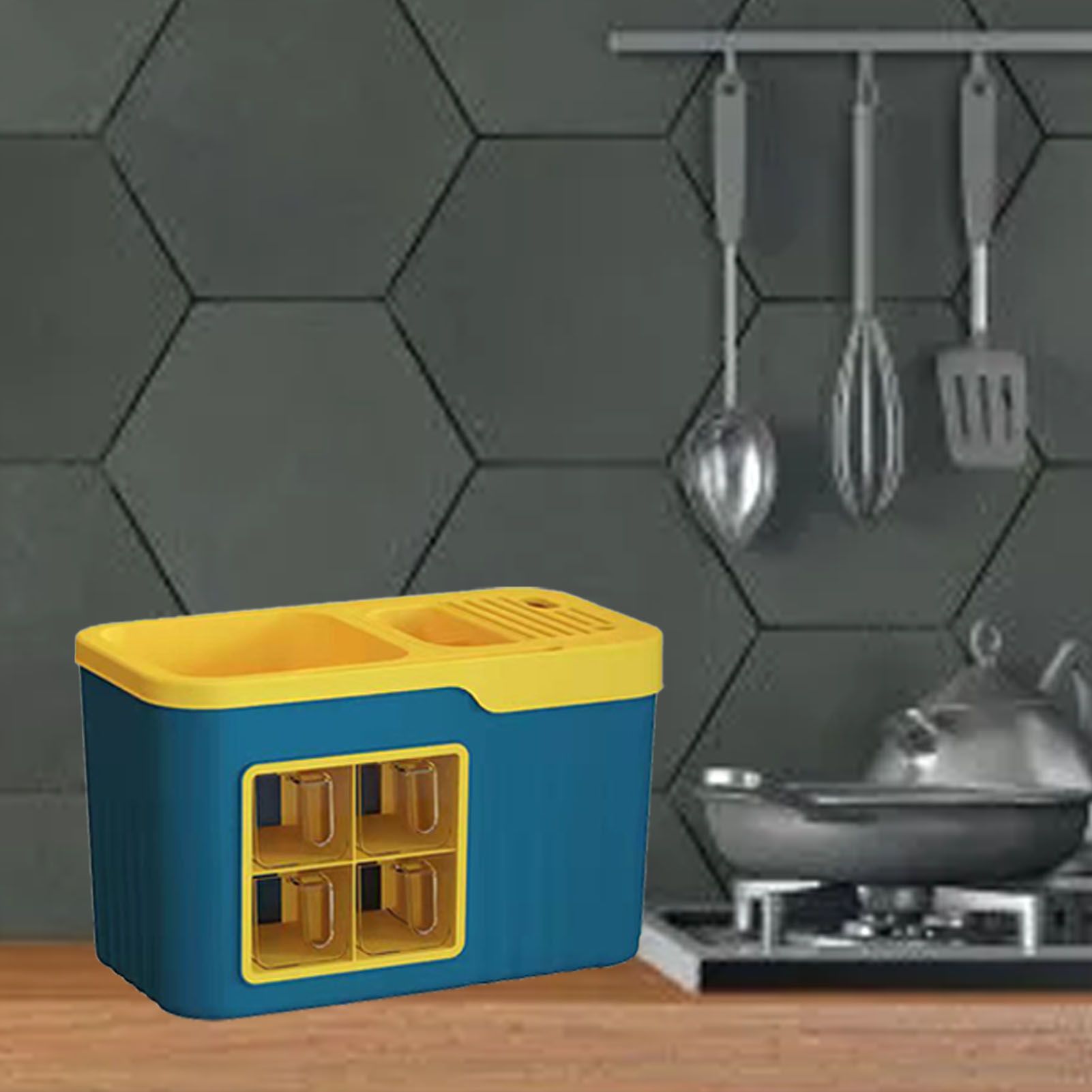 Kitchen Seasoning Storage Rack Plastic Seasoning Storage Rack Multifunctional Knife Rack Spice Organizer Storage Rack Blue and Yellow 4 Cells - Image 6