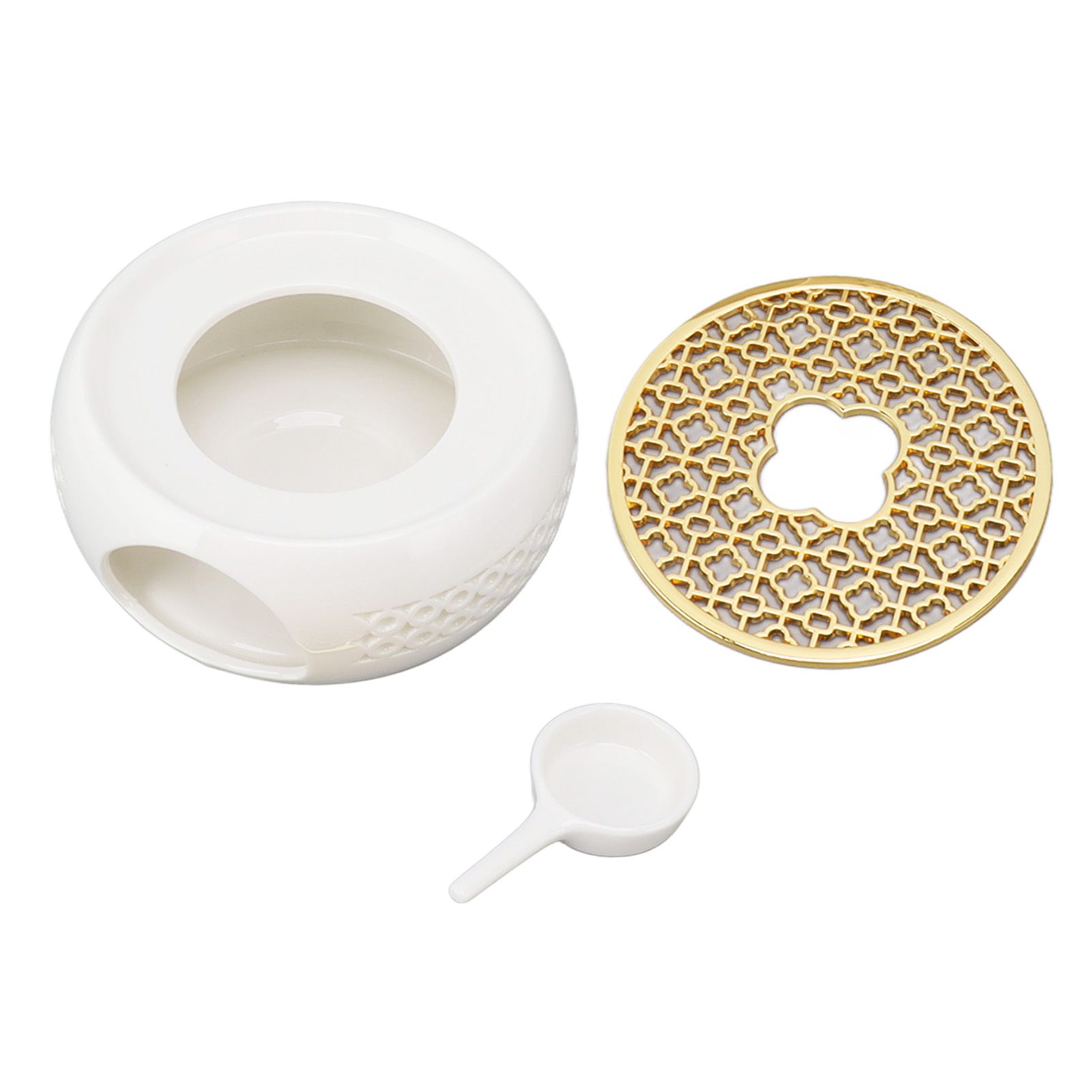 Porcelain Teapot Heater Hollow Frame Round Teapot Warmer Base with Alloy Cushion and Candle Holder - Image 1