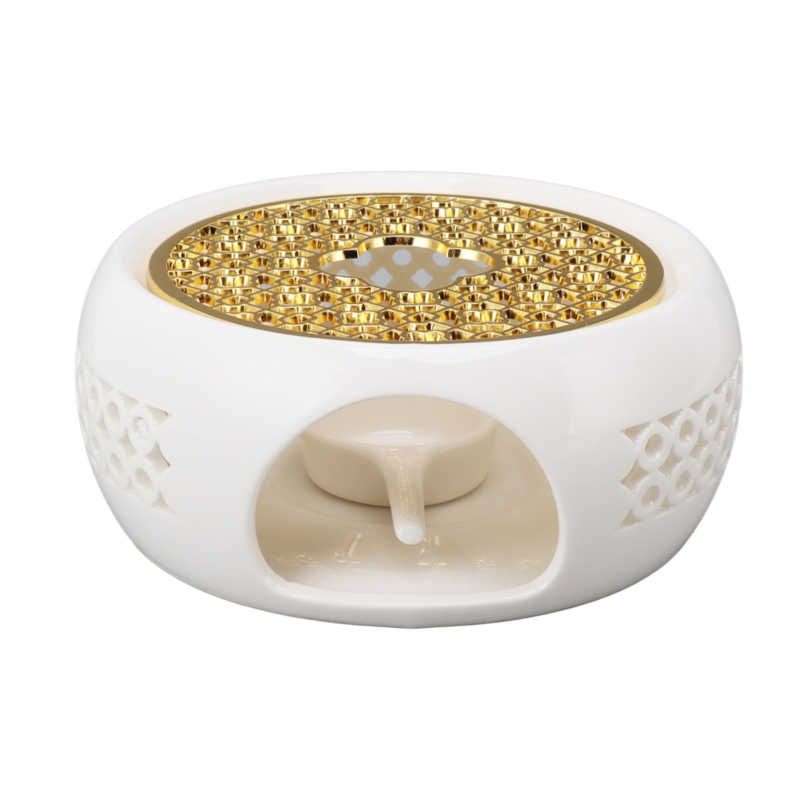 Porcelain Teapot Heater Hollow Frame Round Teapot Warmer Base with Alloy Cushion and Candle Holder - Image 5