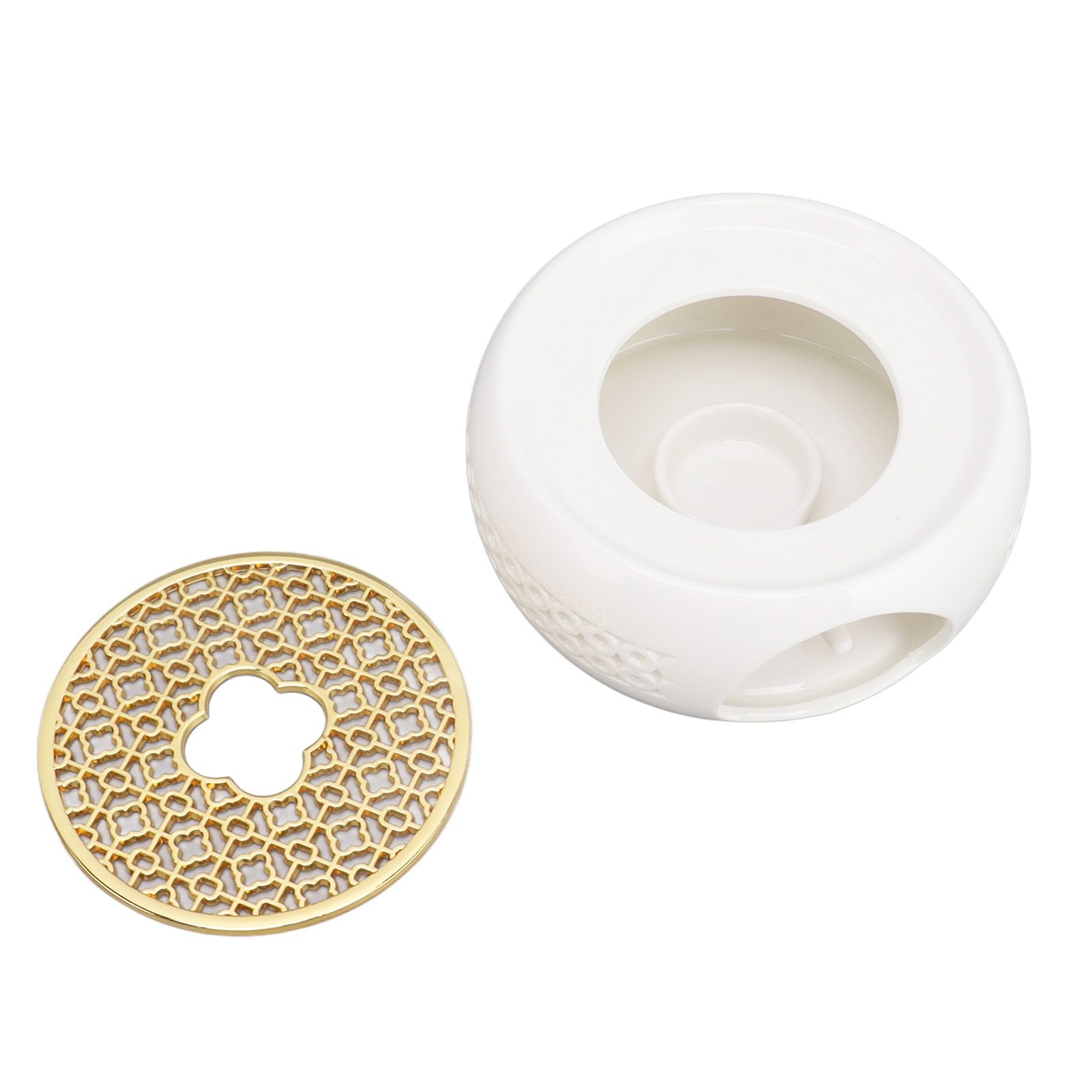 Porcelain Teapot Heater Hollow Frame Round Teapot Warmer Base with Alloy Cushion and Candle Holder - Image 6